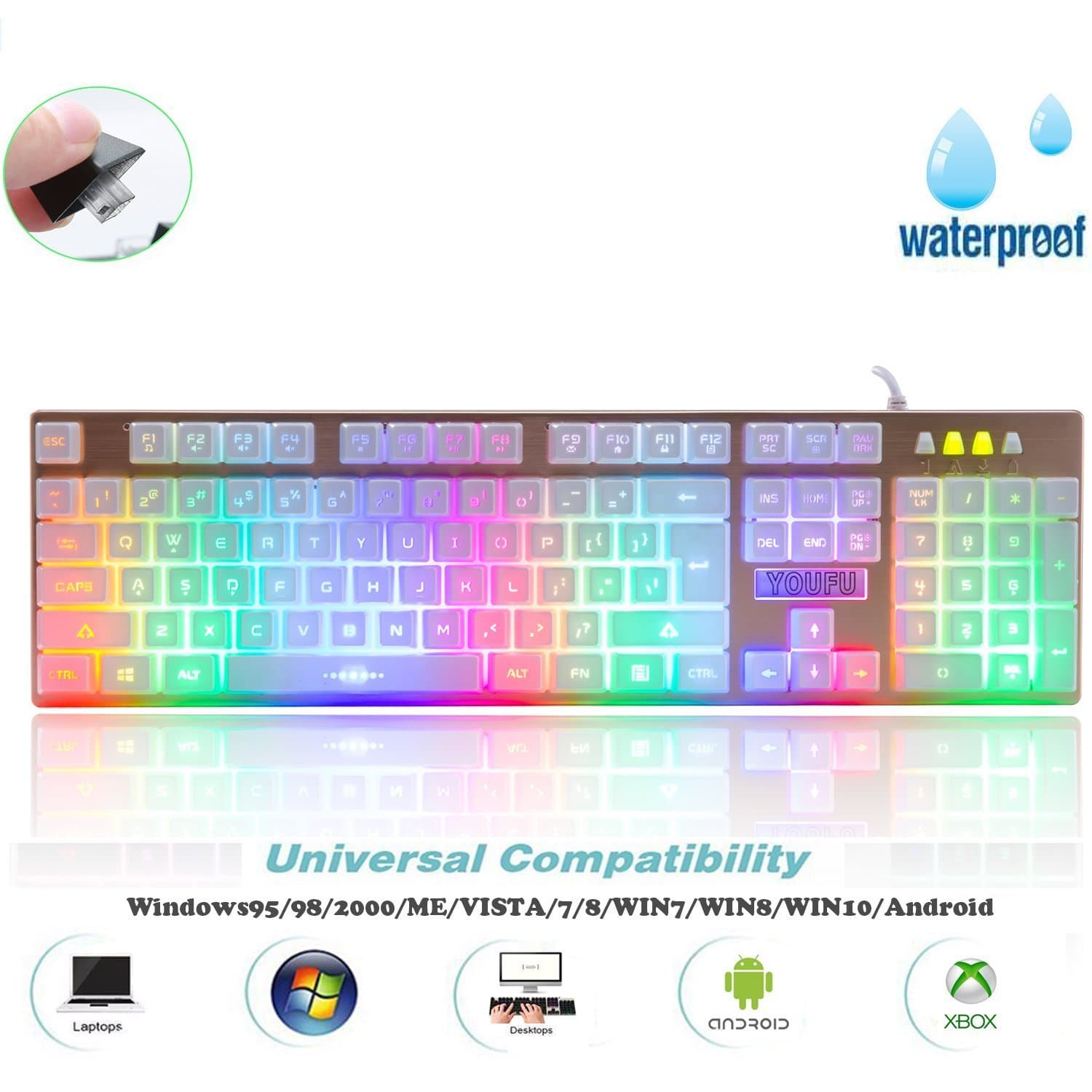 7 Colors Backlit Gaming Keyboard, LED Illuminated USB Wired Computer Keyboard for PC Games Office, White