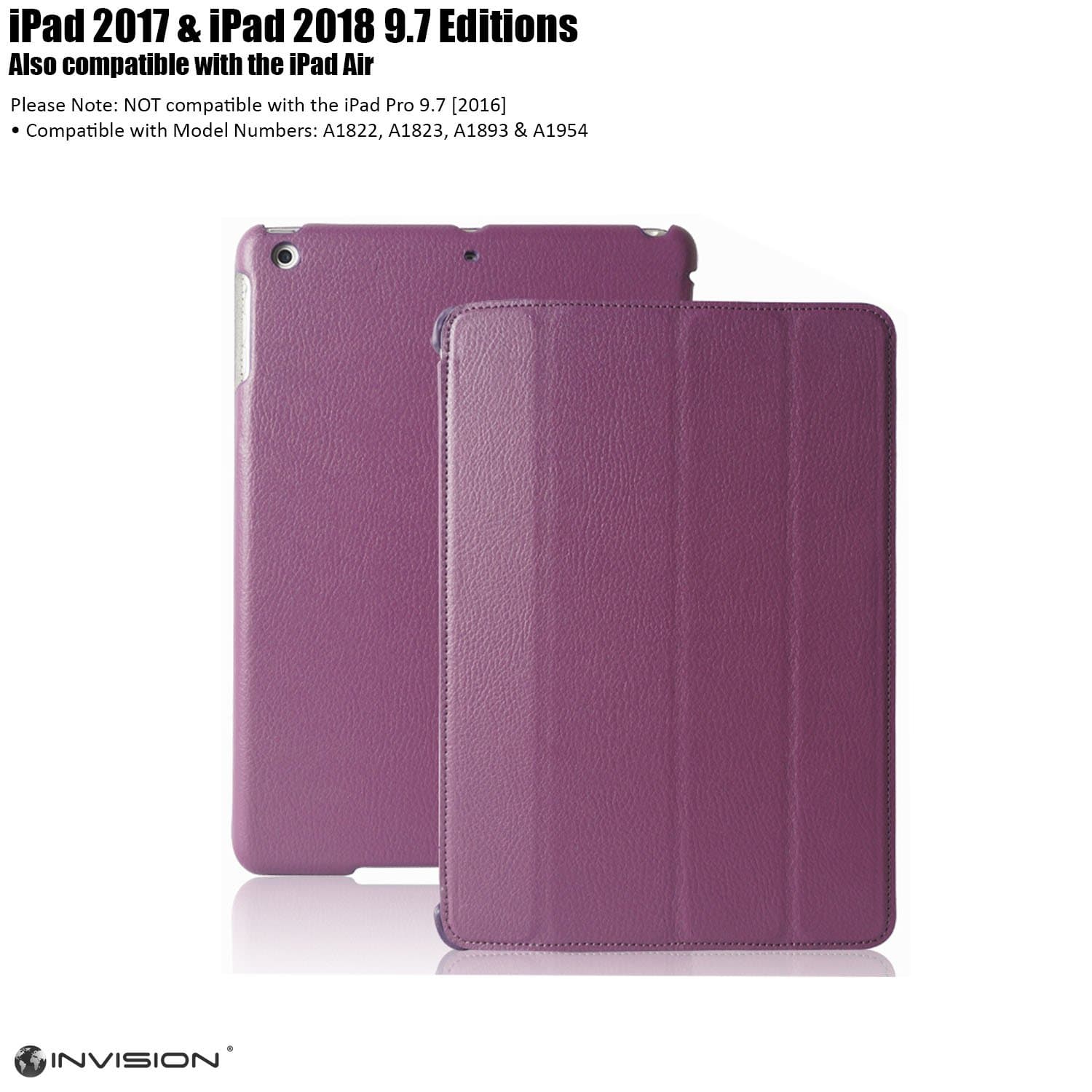 Invision iPad Case 9.7 inch 2018/2017 Protective Smart Cover with Triple-layer Protection & Reinforced Impact Zones – Quality PU Leather Finish & Microfibre Inner - Auto Sleep/Wake Function Purple