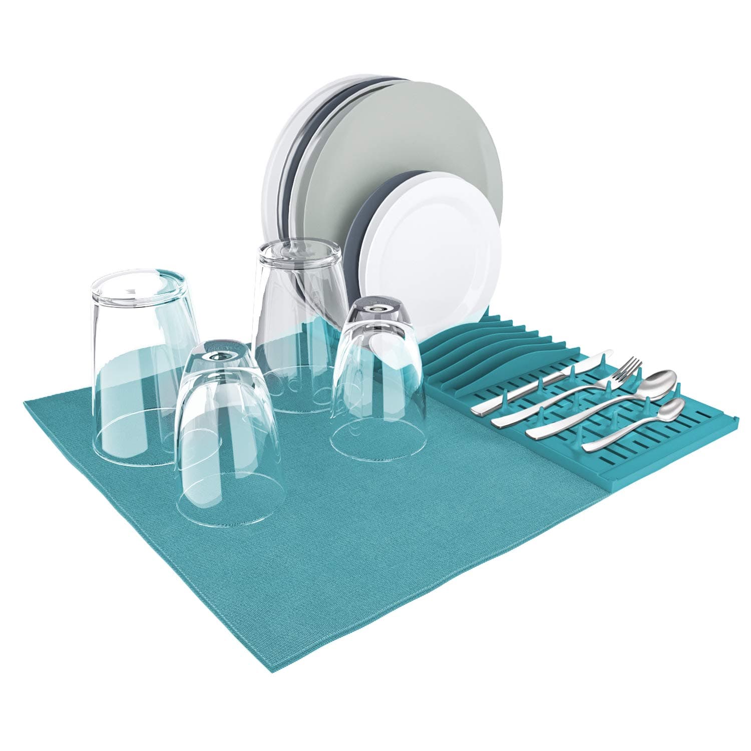 Home Intuition Dish Drying Rack and Microfiber Mat 23.5" x 18", Turquoise