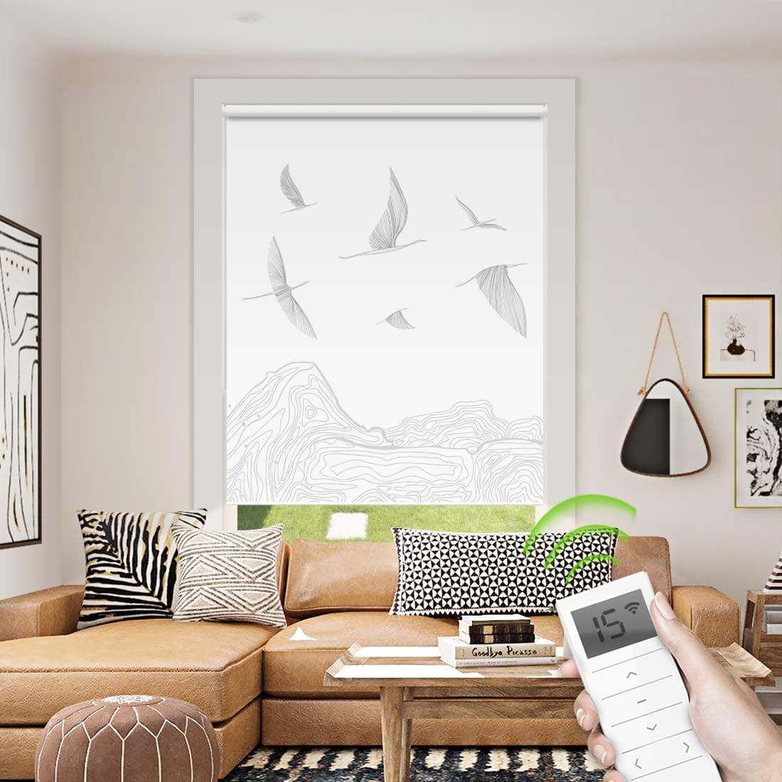 Motorized Window Roller Shade Remote Control Wireless and Rechargeable - Patterned Window Shades Blackout or Light Filtering Fabric for Home and Office Customized Size (Fly Bird - Motorized)