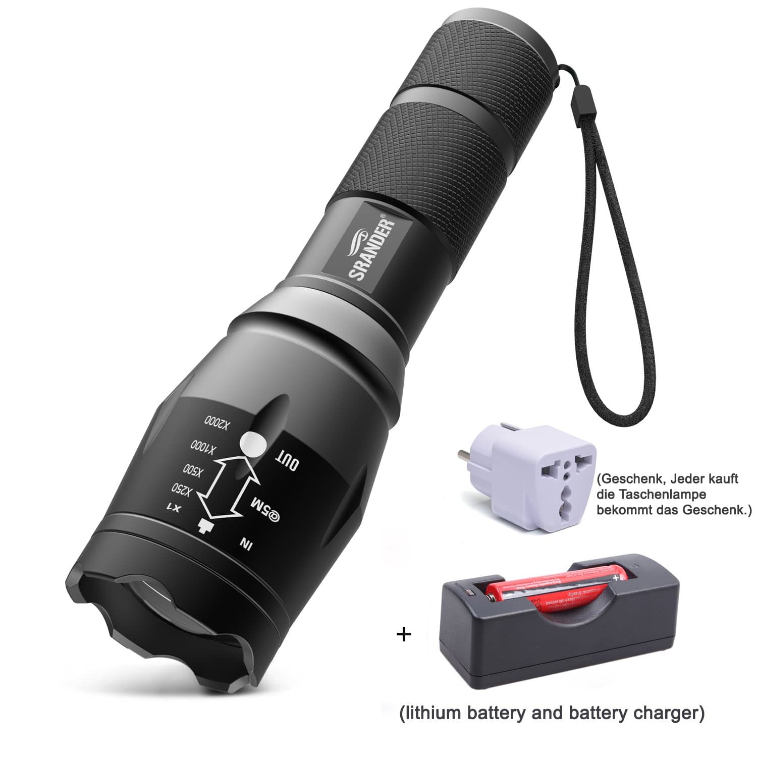 SRANDER LED Torch Outdoor Tactical Flashlight Torch Zoomable Rechargeable XML Cree L2 1200 Lumens, 5 Modes,for Hiking, Cycling, Camping& Activities(included battery and Charger)