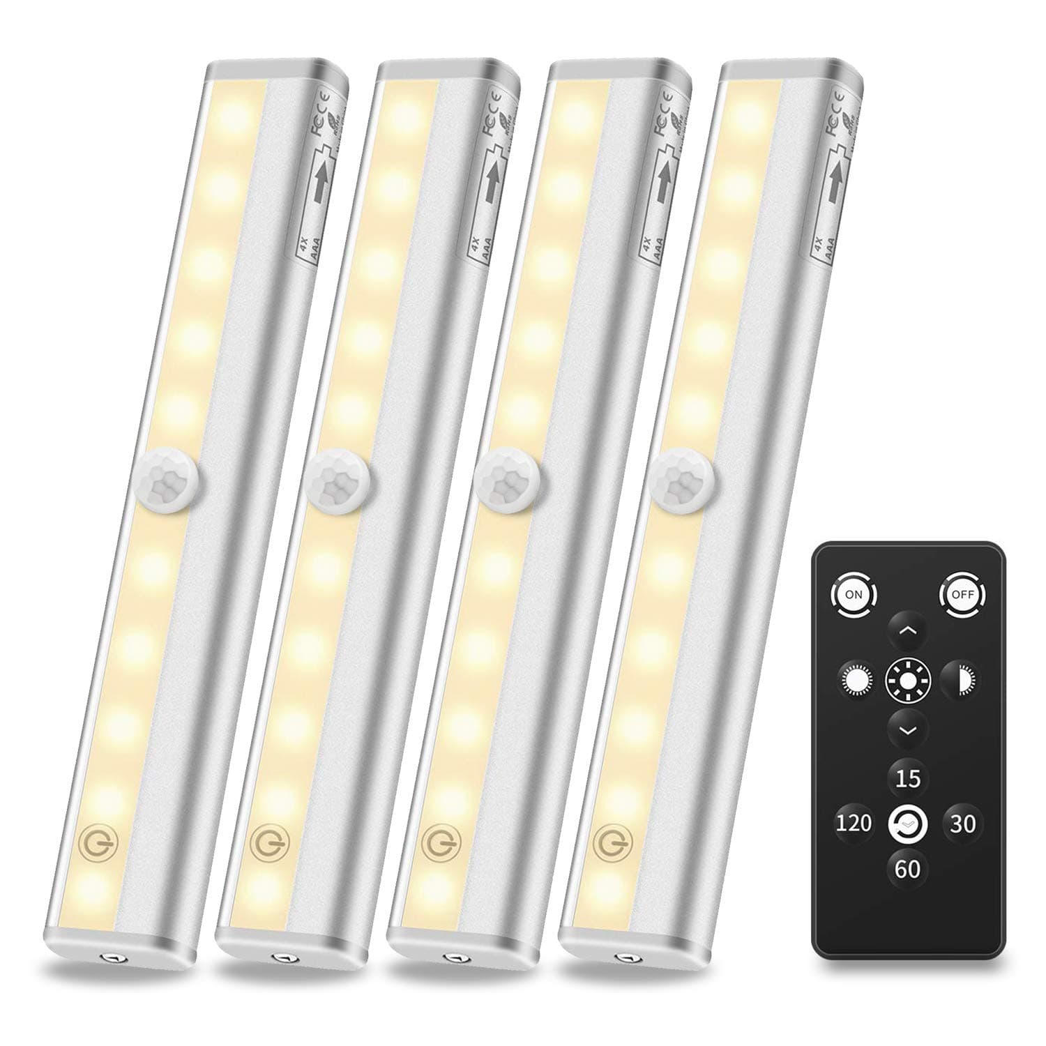 Anbock Under Cabinet Lighting Remote Control Wireless LED Closets Light Battery Operated with Timer & Touch Switch Dimmable Stick on Anywhere for Kitchen Under Counter Entryway Warm White 3000K 4 Pack