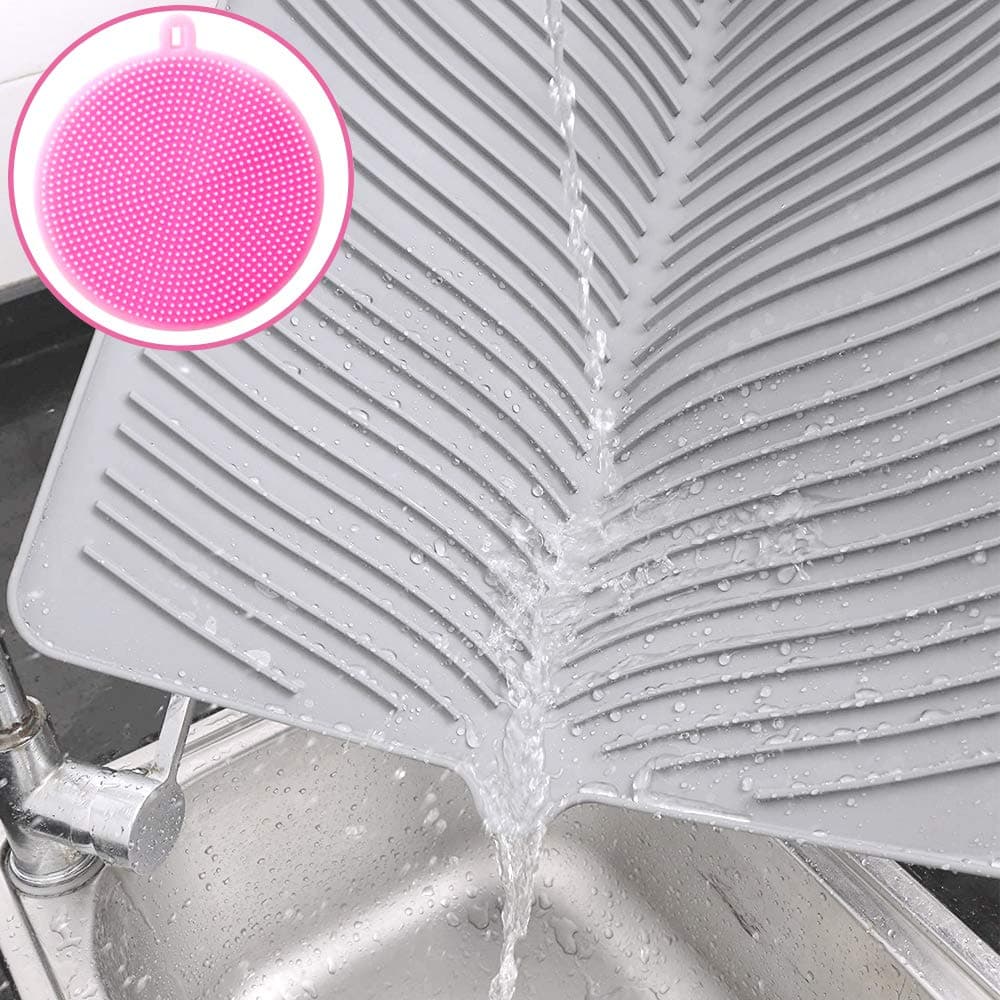 Dish Drying Mat, Extra Large Silicone Draining Board Mats with Silicone Scrubber, Collapsible Kitchen Counter Sink Drainer Matt Non-Slip, Heat Resistant Trivet Mat, Dishwasher Safe - Gray