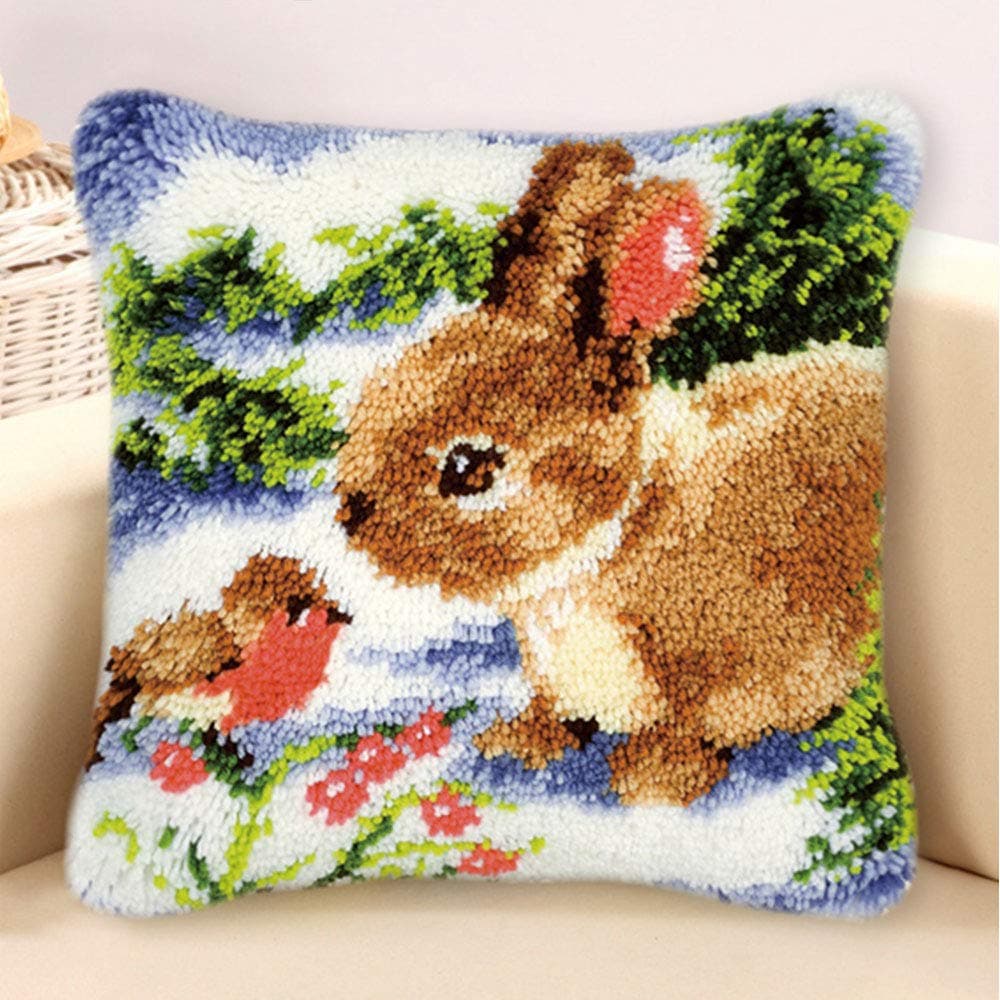 MLADEN Latch Hook Kits for DIY Throw Pillow Cases Sofa Cushion Cover Embroidery Shaggy Decoration Family Gift and Activity 17" X 17" (Rabbit)