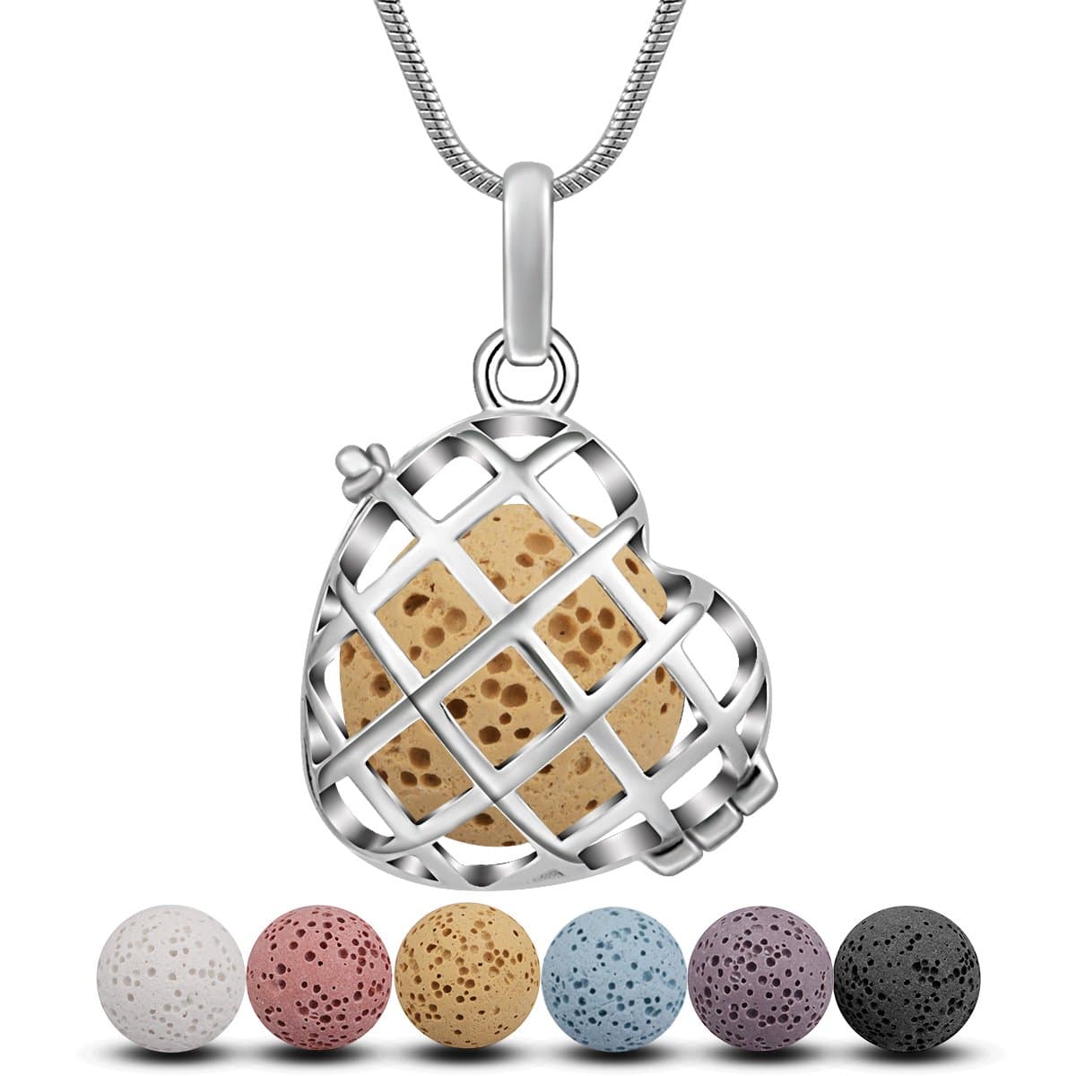 Eudora Harmony Floating Silver Plated Locket Cage Aromatherapy Essential Oil Diffuser Necklace Pendant with 7 PCS Lava Rock Beads,24inch Snake Chain