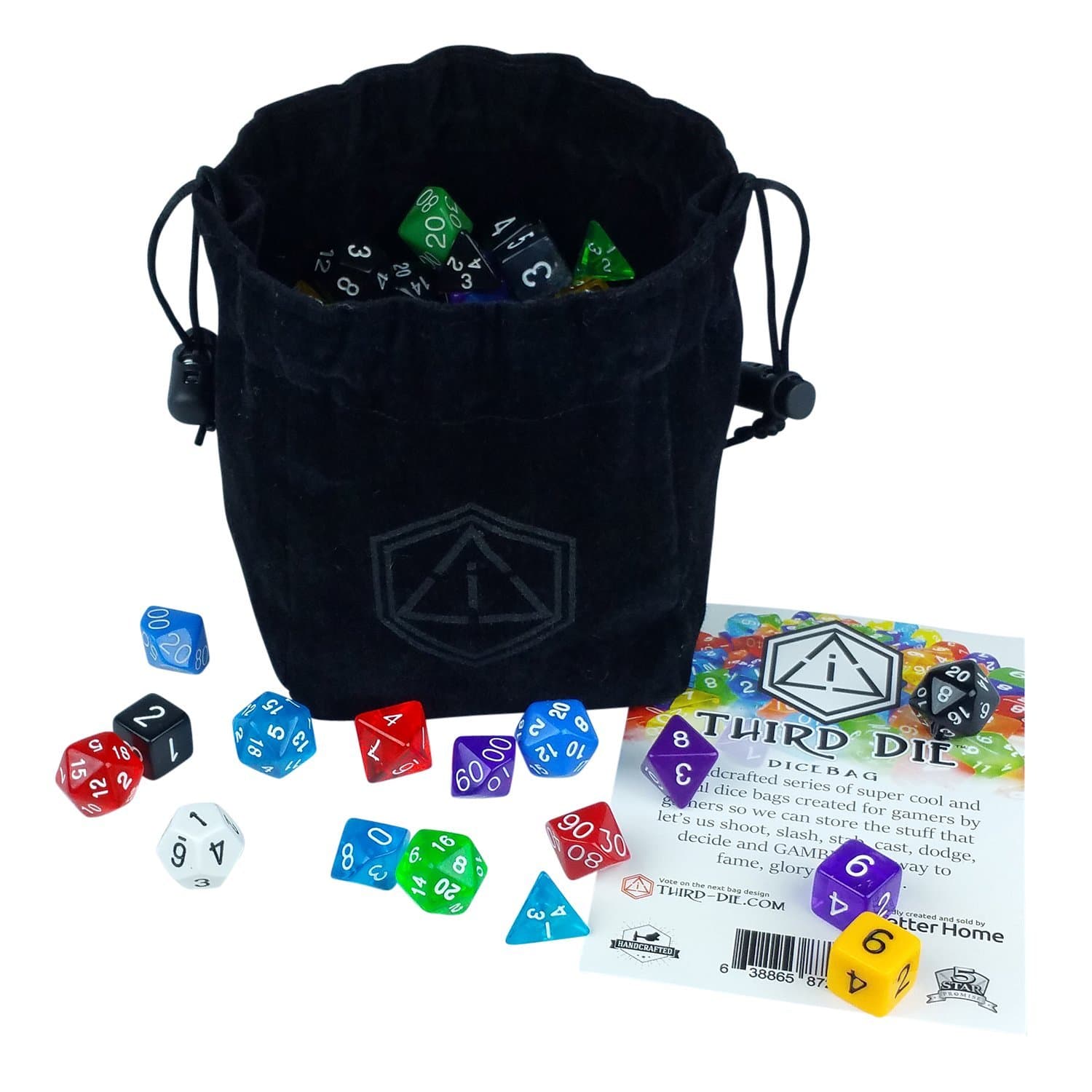 Third Die Dice Bag - Handcrafted, Reversible Drawstring Bag. Stands Open On The Table, Locks Closed Tight. This is The All-Black Void Bag - 1 of 12 Styles we Sell here on Amazon.