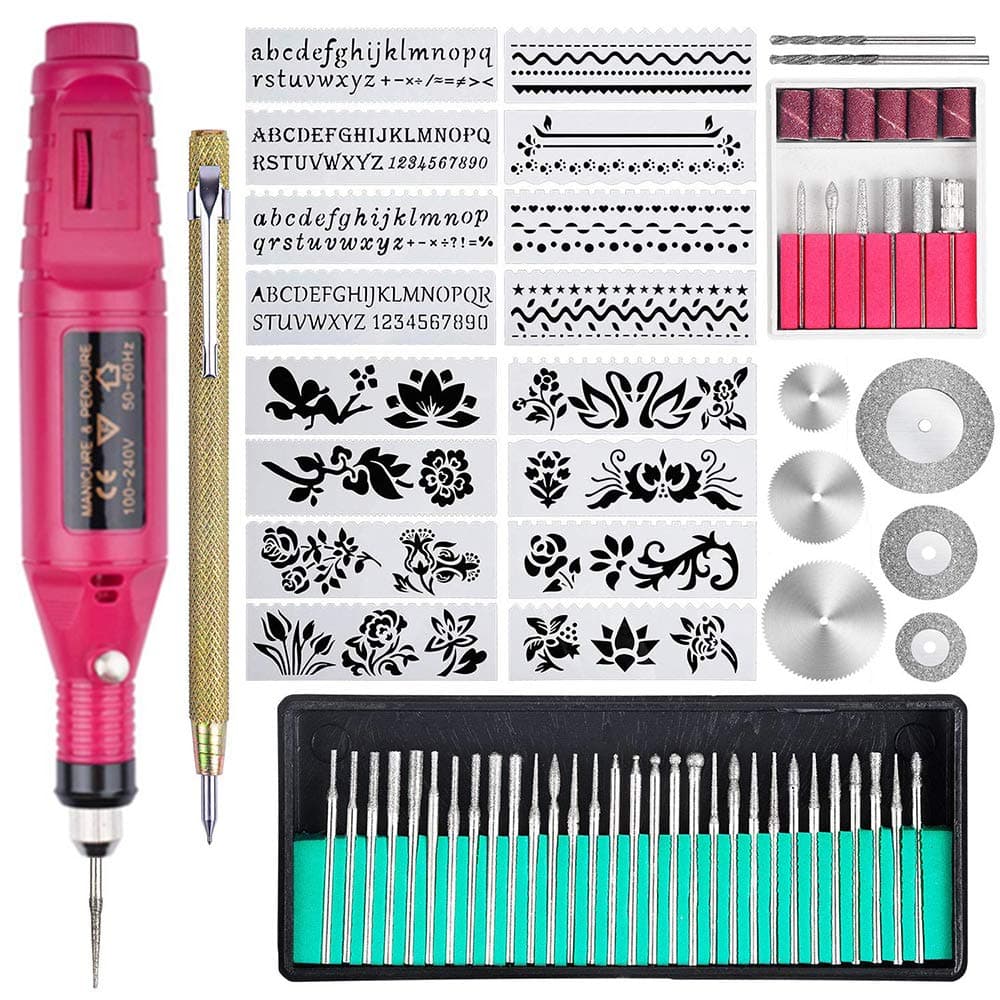 70 Pcs Engraving Tool Kit, Multi-Functional Electric Corded Engraver Pen DIY Rotary Tool for Jewelry Glass Wood Metal Ceramic Plastic with Scribe, 52 Accessories and 16 Stencils (Red)