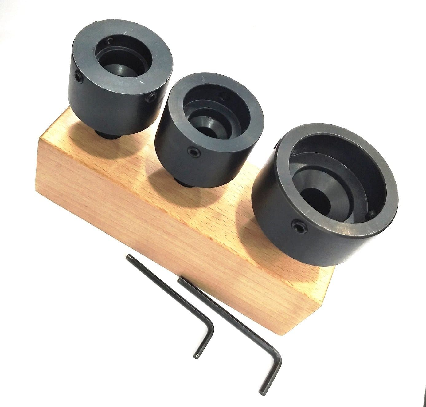 TOOL STEEL QUALITY ROUND DIE HOLDERS -THREADING, ENGINEERING LATHE TOOLS (Set of 3 Die Holders On Wooden Stand)