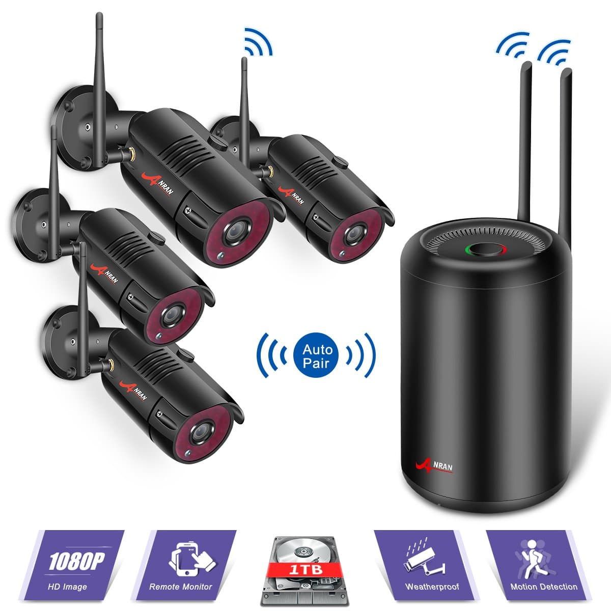 Wireless CCTV Security Camera System, Wireless Security Camera Systems with 4Pcs 2.0MP Outdoor HD 1080P Camera, Night vision, Easy Remote View, Motion Detection,1TB Hard Drive SWINWAY