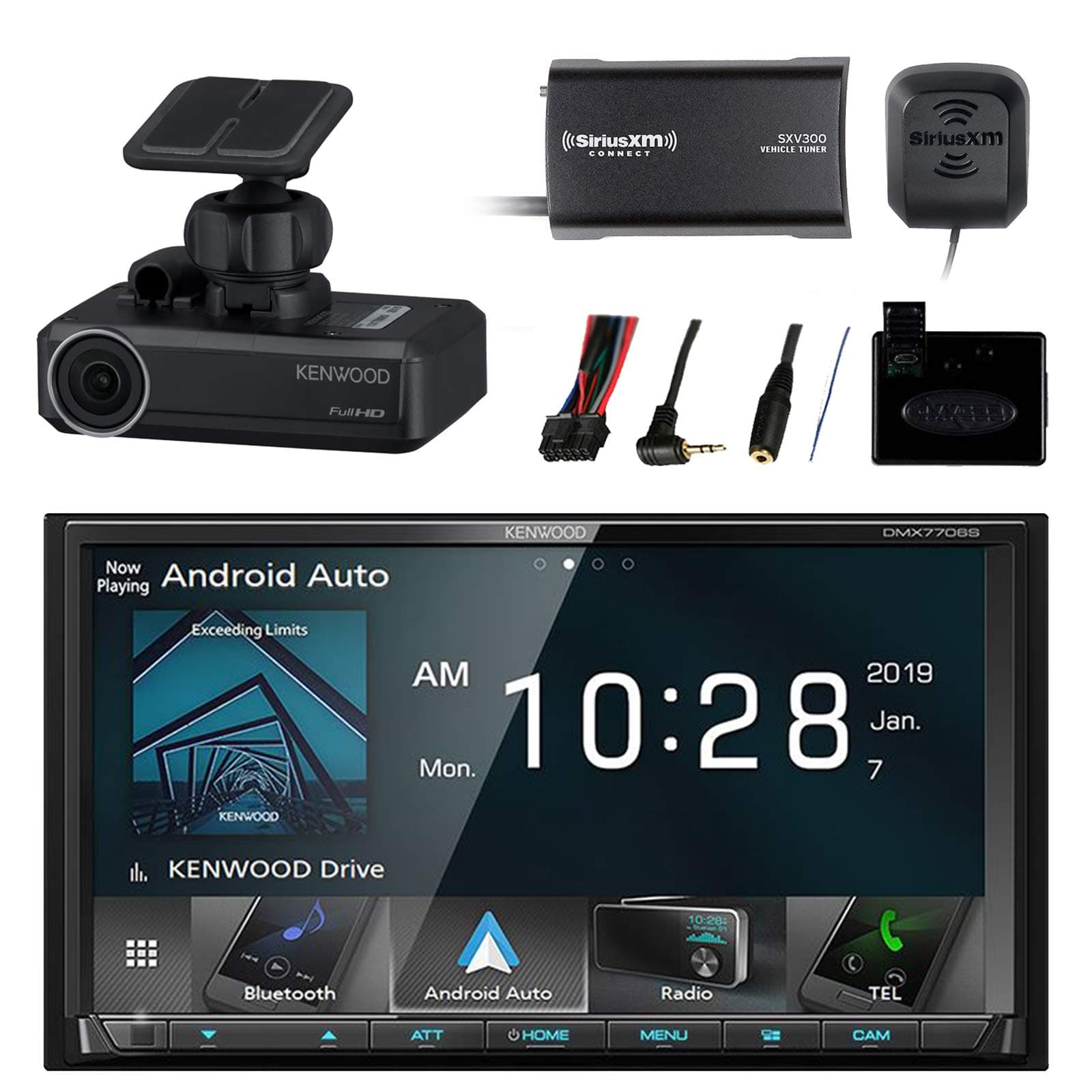 Car Audio Package: Kenwood 2-DIN Receiver w/Bluetooth & HD Radio, Metra Steering Wheel Control Interface, SiriusXM Satellite Radio Tuner Kit, Drive Recorder Dash Camera
