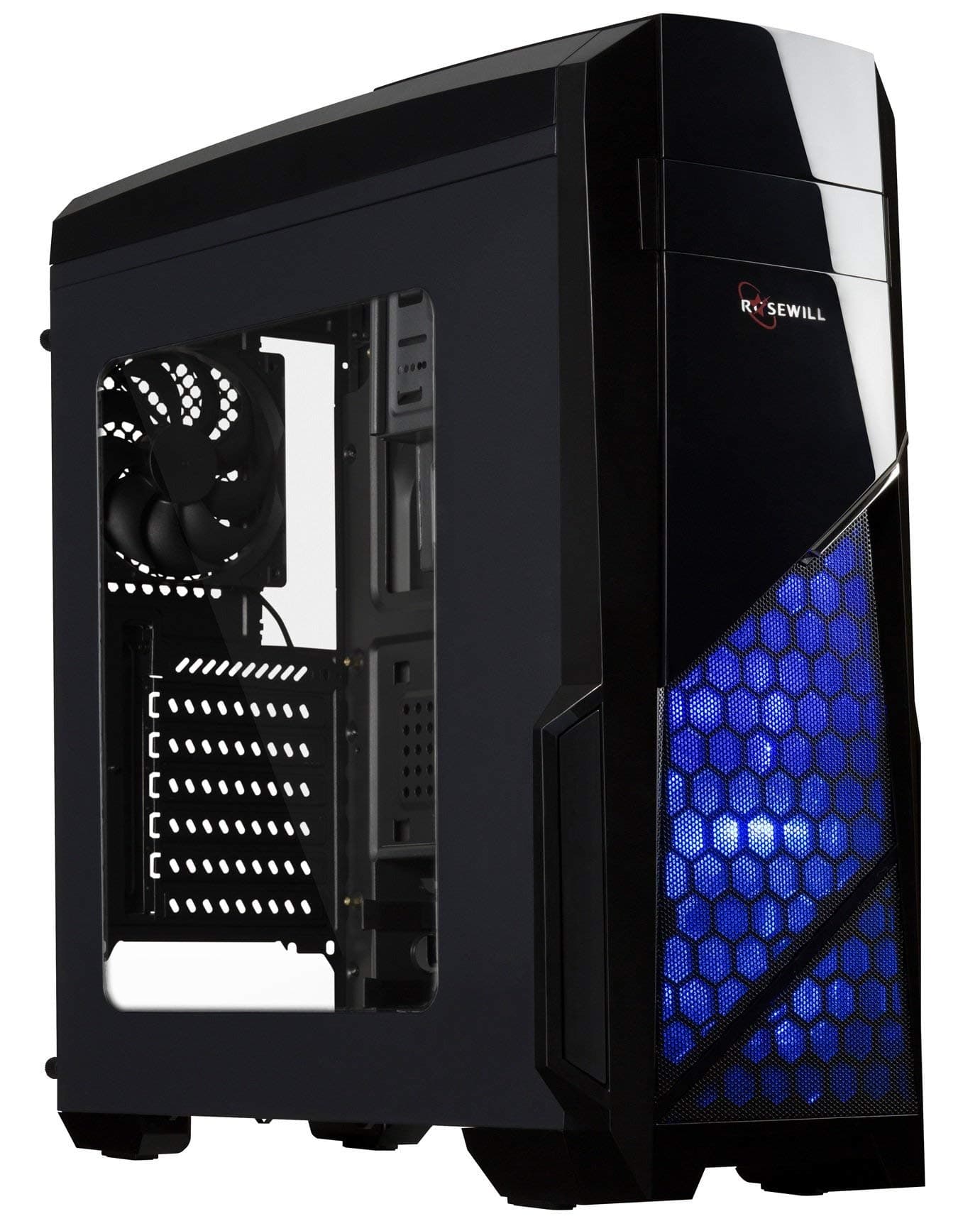 Rosewill ATX Case, Mid Tower Case with Blue LED Fan/Gaming Case for PC with Side Window Panel & 3 Fans Pre-Installed, Computer Case 2 x USB3.0 Port - Nautilus (Renewed)
