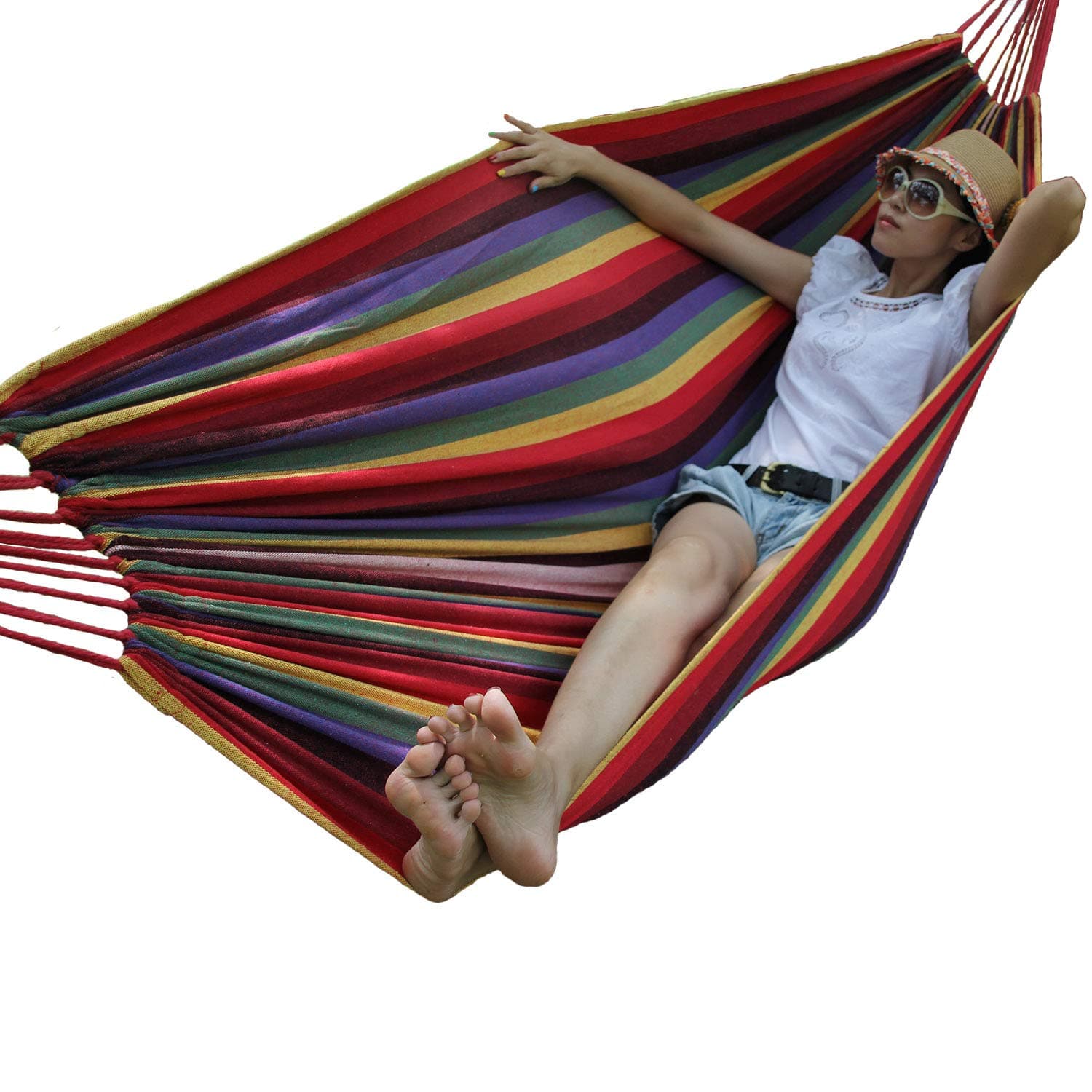 Hewolf Rainbow Cotton Tree Hammock with 2 Tree Straps and 2 Ropes Brazilian Camp Hammock Lightweight Breathable Pool Lounge for Backyard,Porch,Date Outdoor and Indoor (Single Hammock, Rainbow)