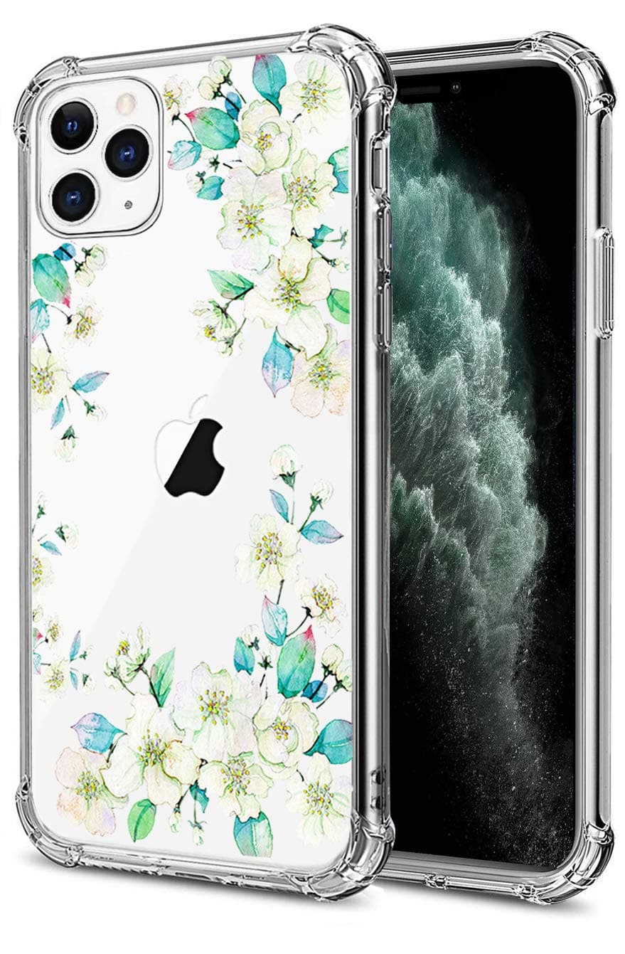 HEYORUN Cherry Flower iPhone 11 Pro Max Case Clear 2019, Vintage White Flower Girls and Women Floral Back Cover, Transparent TPU Bumper Flexible Protective Case Cover