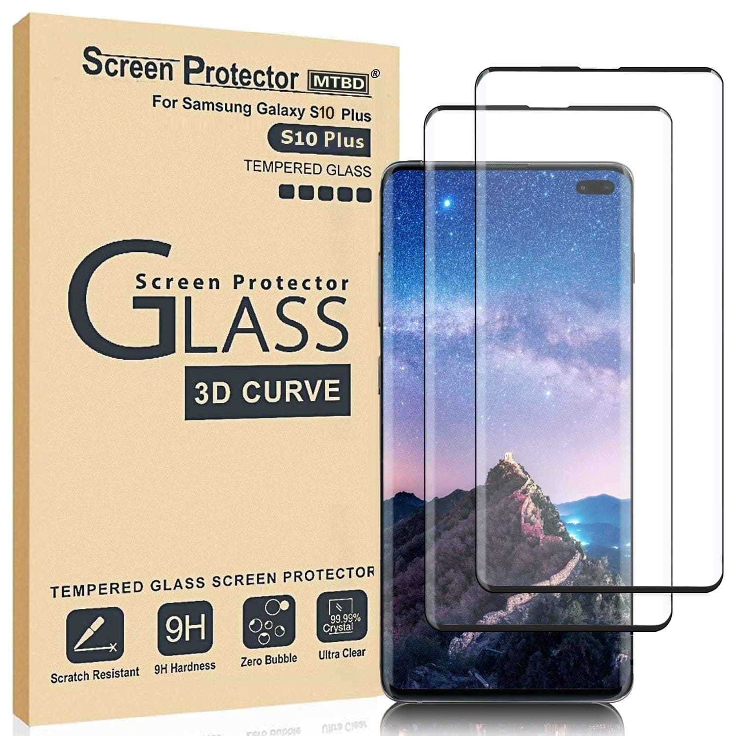 MTBD Galaxy S10 Plus Screen Protector,Full Coverage Tempered Glass[2 Pack][High Definition][Designed for Ultrasonic Fingerprint] Tempered Glass Screen Protector Suitable for Galaxy S10 Plus
