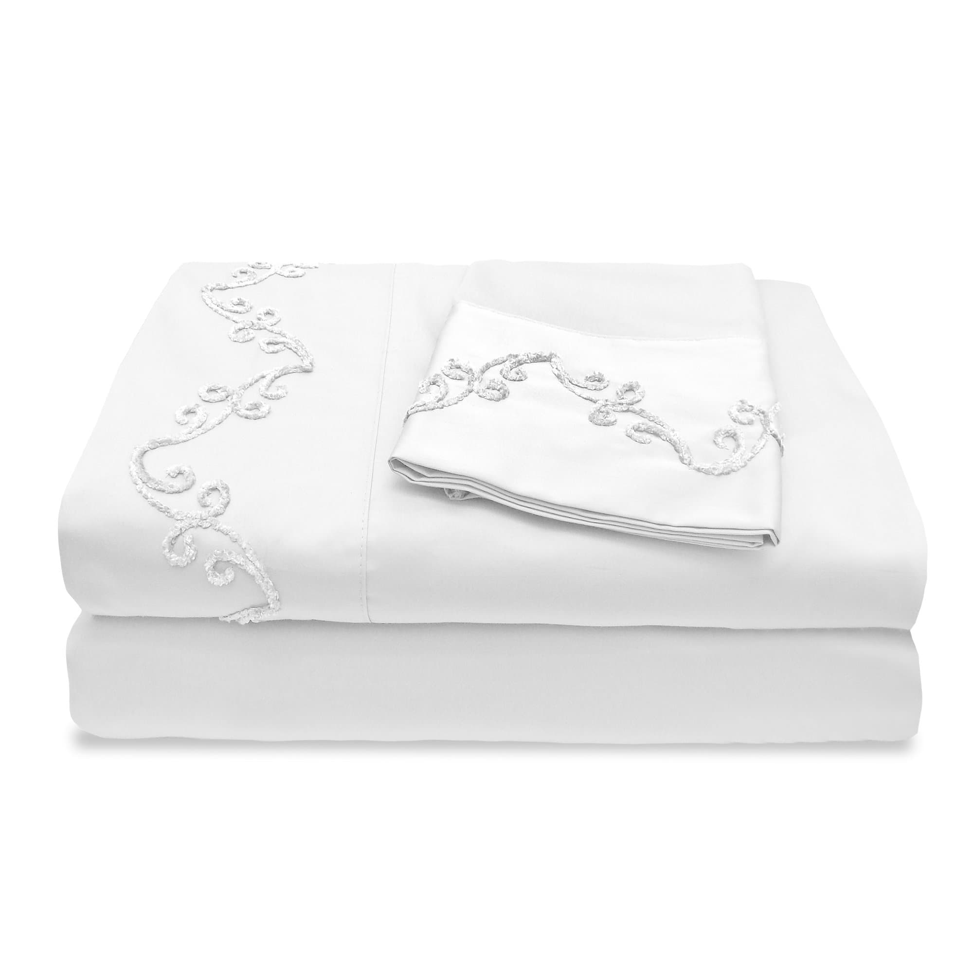 Veratex The Chenille Scroll Collection Contemporary 500 Thread Count 100% Cotton Sateen Pillowcase Pair with Embroidered Design, Standard Size, White