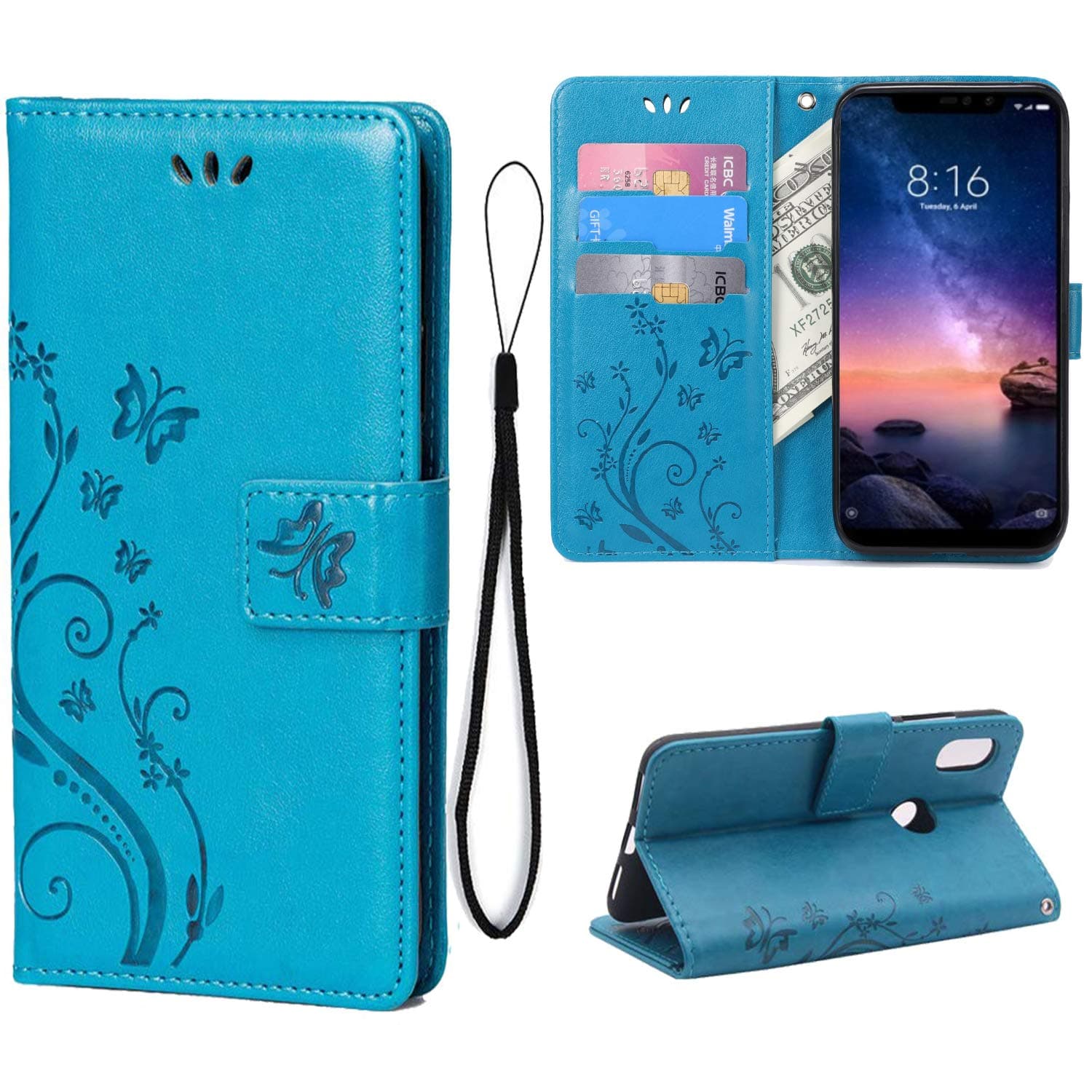 Teebo Wallet Case for Xiaomi Redmi Note 6 Pro/Note 6 Kickstand Card Slots Holder Leather Girls Cases [Butterfly Flower] Heavy Duty Flip Case Cover for Xiaomi Redmi Note 6 Pro/Note 6(Blue)