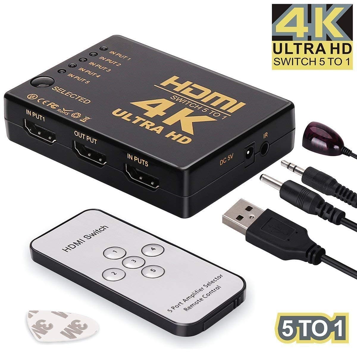 Famous Quality HDMI Switch with Remote Control Switcher Selector Box Hub IR Supports HD 1080P 3D 4K IDEO Audio Auto Switching HDCP-Set of 5 in 1 (Black)