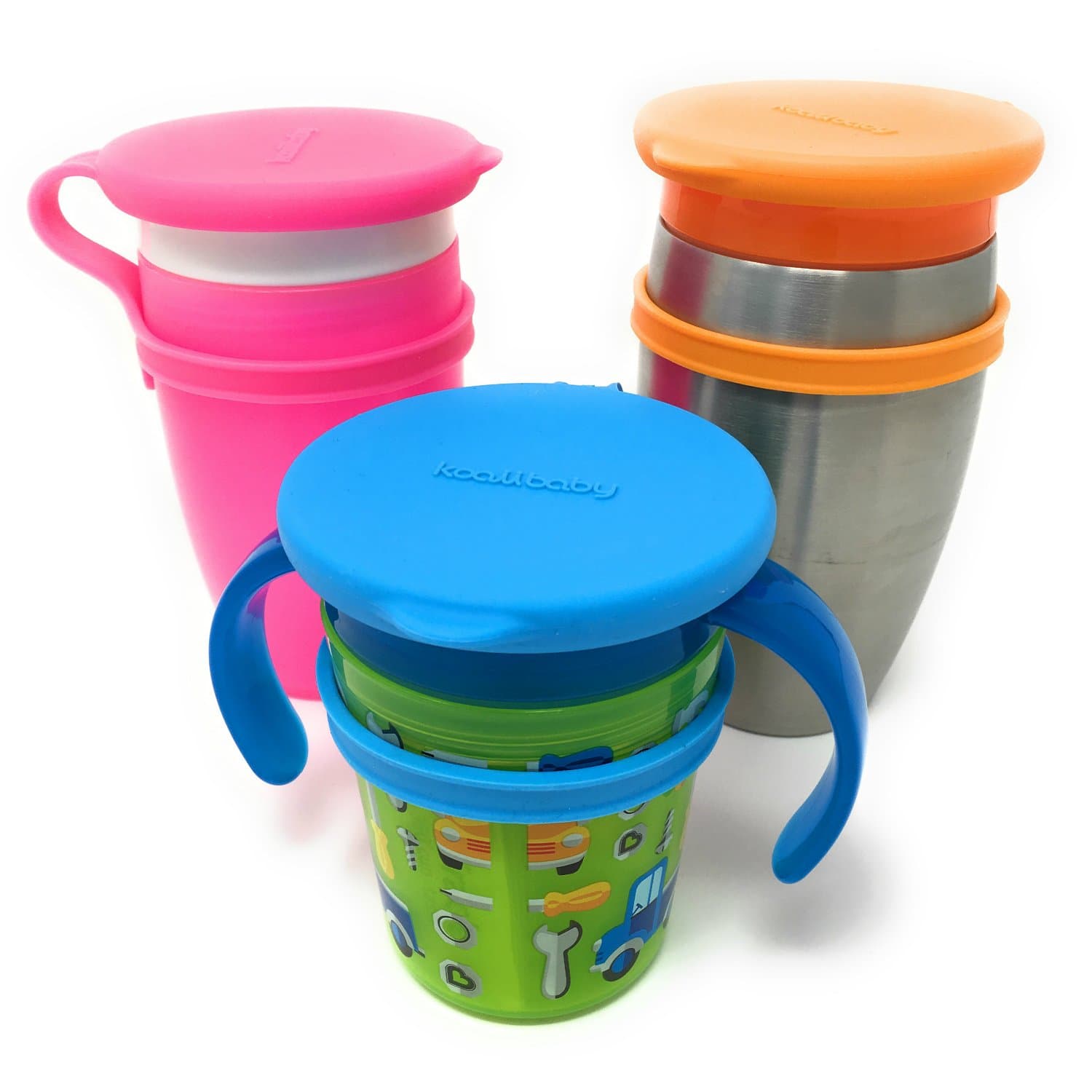 Custom Replacement Silicone Lids Compatible For All Munchkin Miracle 360 Cups. More Color Combination Available. Set Of Three In Pink, Blue & Orange.