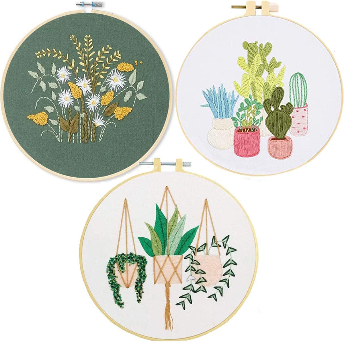 3 Sets Embroidery Starter Kit with Pattern and Instructions, Cross Stitch Kit Include 3 Embroidery Clothes with Floral Pattern, 3 Plastic Embroidery Hoops, Color Threads and Tools (3)