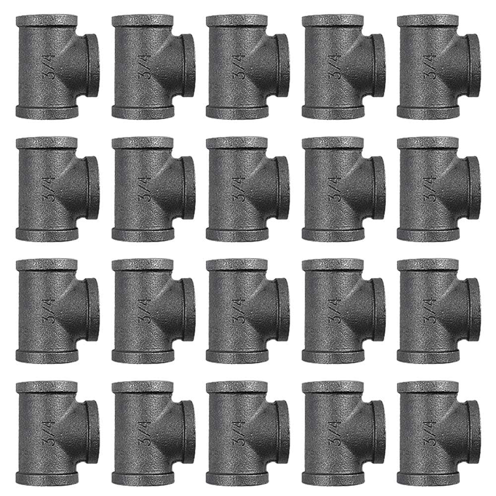 GOOVI 3/4 Inch Tee Pipe Fitting, Black Pipe Threaded Pipe Nipples - Cast Pipe Fittings - Industrial Piping Tees for Plumbing Pipe Shelf and DIY Steampunk Vintage Pipe Furniture Projec, 20 Pack.