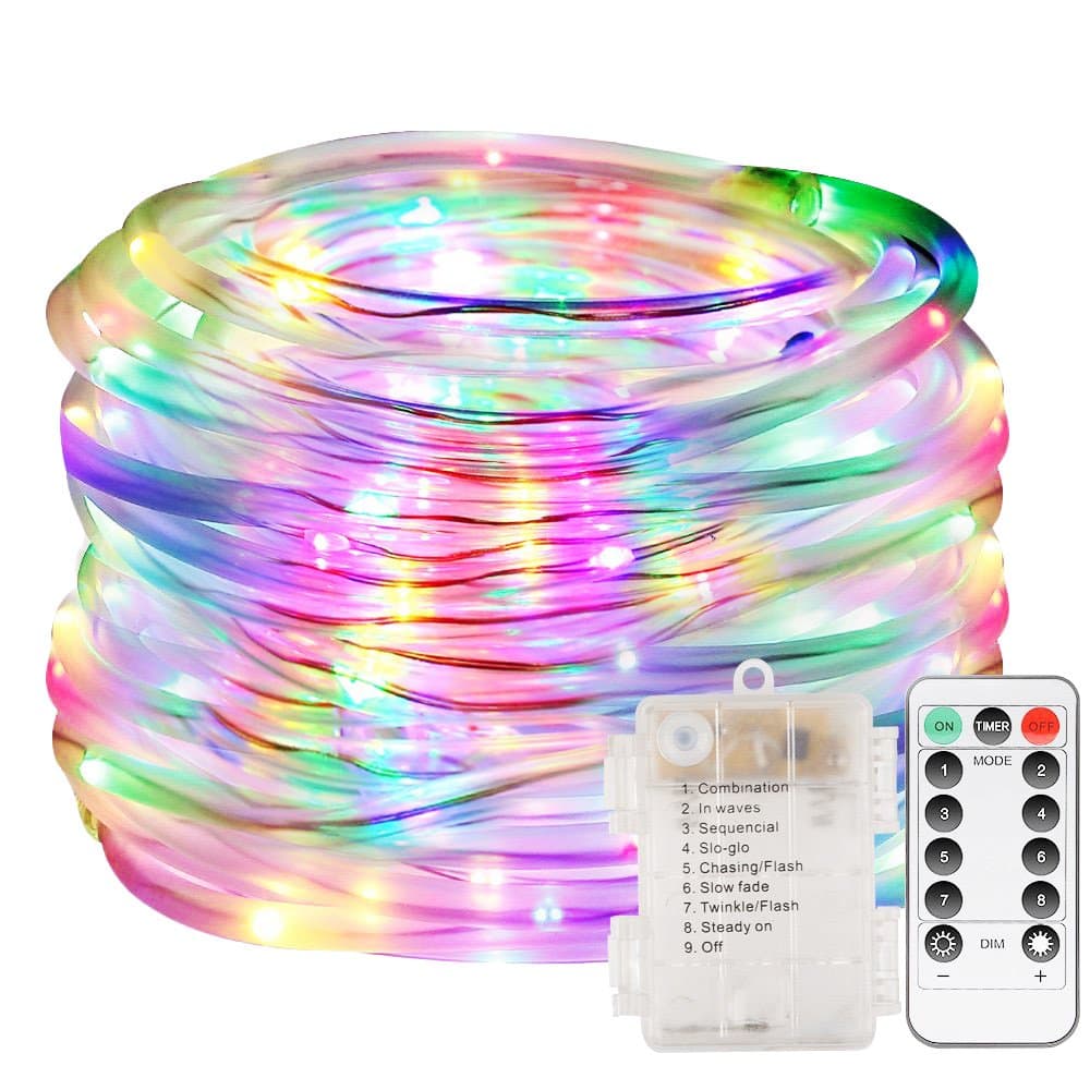 LED Rope Lights Battery Operated 33ft String Lights with Remote Timer 8 Mode Dimmable Fairy Lights Waterproof Firefly lights for Garden Home Thanksgiving Christmas Decor(Multi-Color)