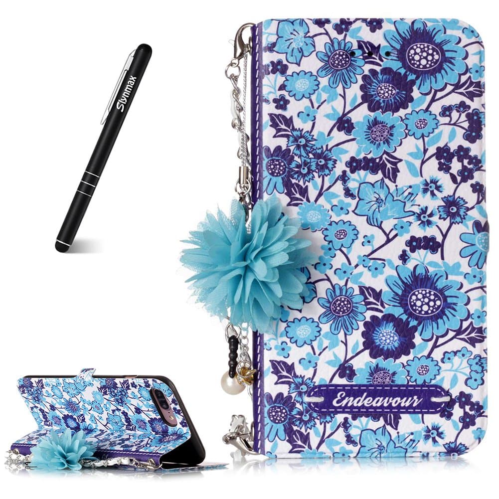 Slynmax iPhone 8 Plus Phone Case, iPhone 7 Plus Case Wallet, [Florid Series] Premium PU Flip Folio Leather Cell Phone Case+ 1* Stylus Pen