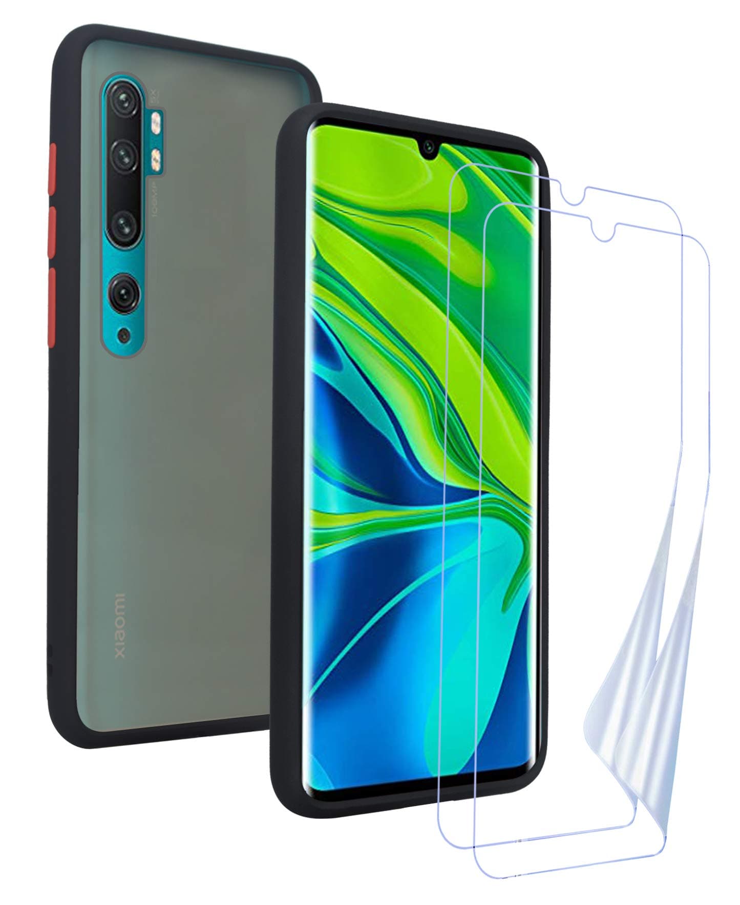 KANSI Case for Xiaomi Mi Note 10/Mi Note 10 Pro + Screen Protector,Soft Silicone TPU + Matt Black PC Shockproof Independent Color Button Cover - Black