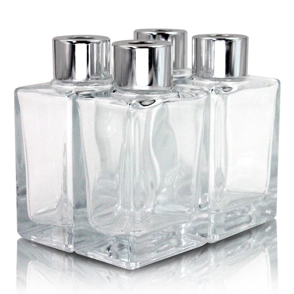 Frandy House Glass Diffuser Bottles with Silver Caps Refillable Diffuser Bottles Set of 4-3.3" High, 40ml 1.4 fl oz. Small Cuboid-Shape, Fragrance Accessories Use for DIY Replacement Reed Diffuser