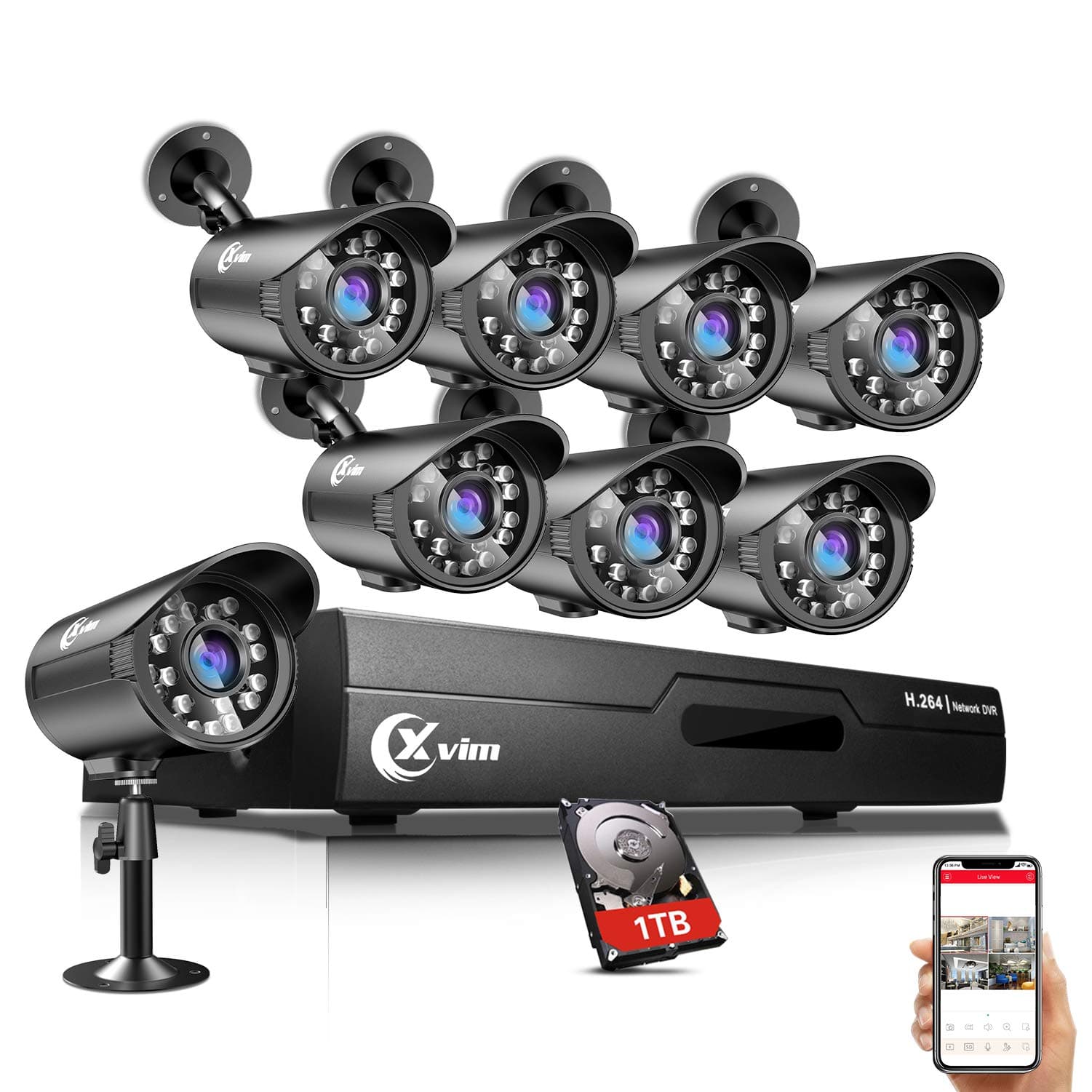 XVIM 8CH Home Security Camera System HDMI CCTV DVR Recorder with 1TB Hard Drive,8x720 Outdoor Video Surveillance Cameras 100ft Night Vision,Easy Remote Access on Phone