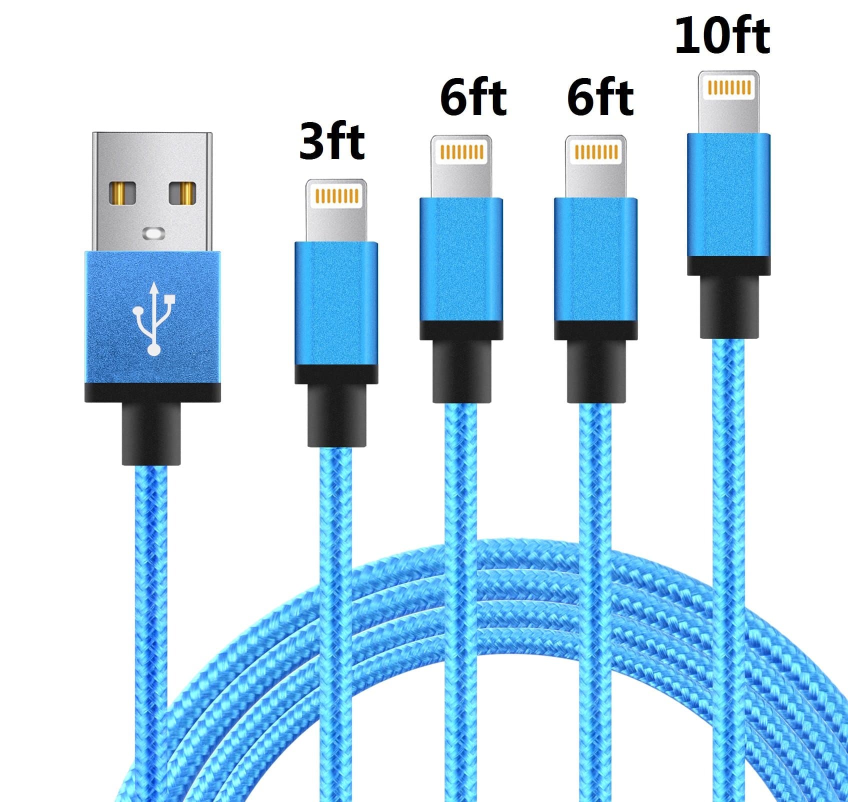 iPhone Charger iPhone cables MFi Certified 4 pack 3ft 6ft 6ft 10ft Lightning Cable Nylon Braided USB Charging & Syncing Cord Compatible iPhone Xs/Max/XR/X/8/8Plus/7/7Plus/6/6S Plus/SE/iPad