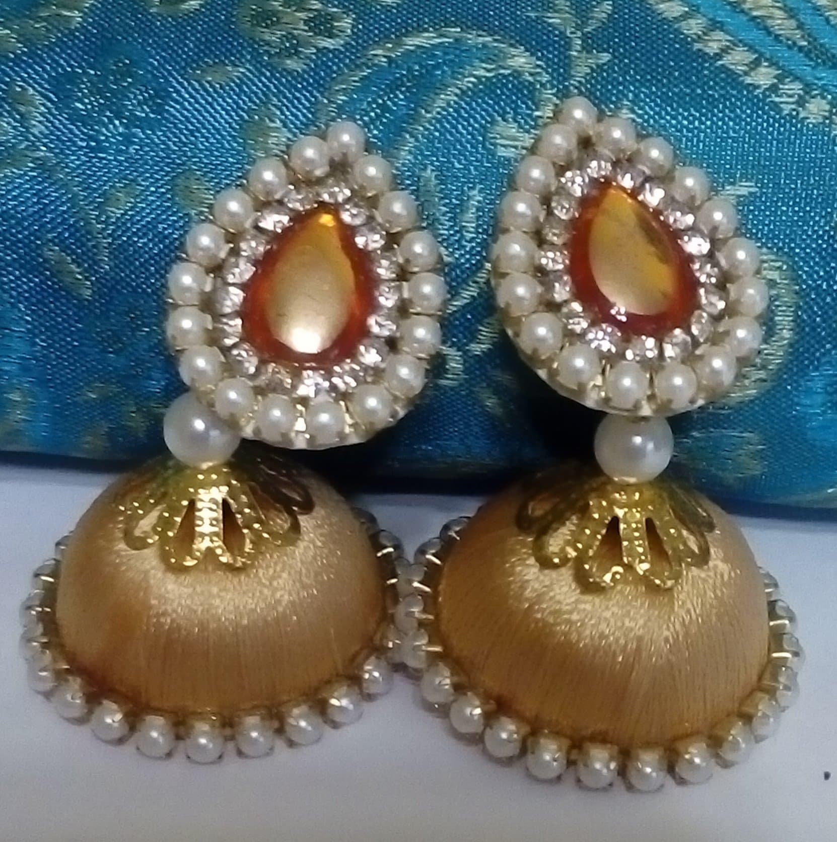 Beige silk thread jhumka earrings
