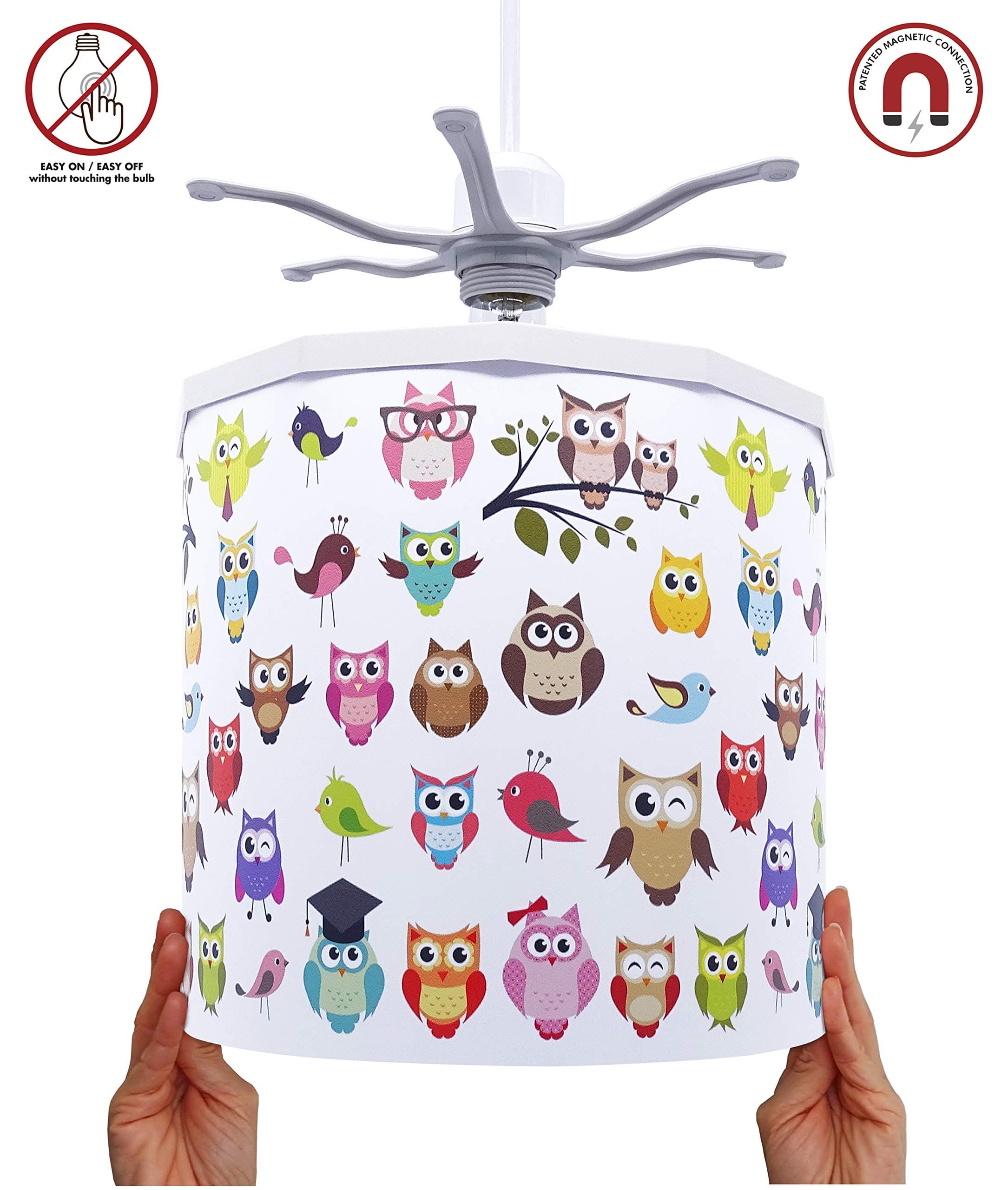 Ereki Ceiling Pendant Light Shade - Printed Colourful and Fun Designs Owls Light Cover - Magnetic Ceiling Light Lampshade Kit for Interchangeable Designs