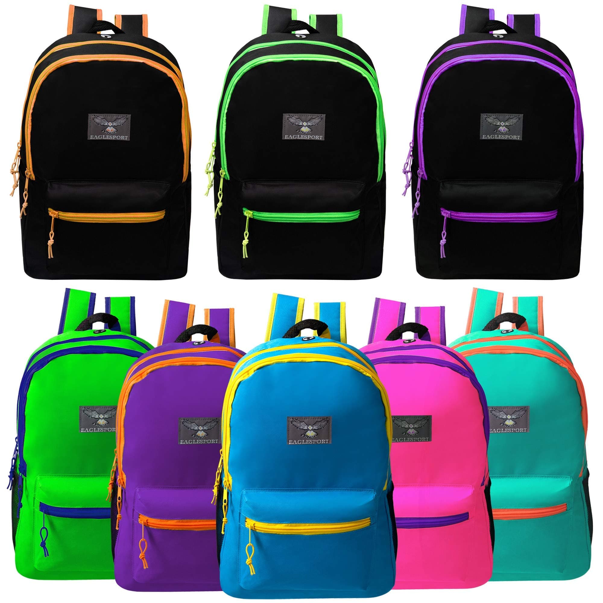 19" Large Bulk Backpacks with Side Mesh Water Bottle Pockets in 8 Assorted Colors - Wholesale Case of 24 Bookbags