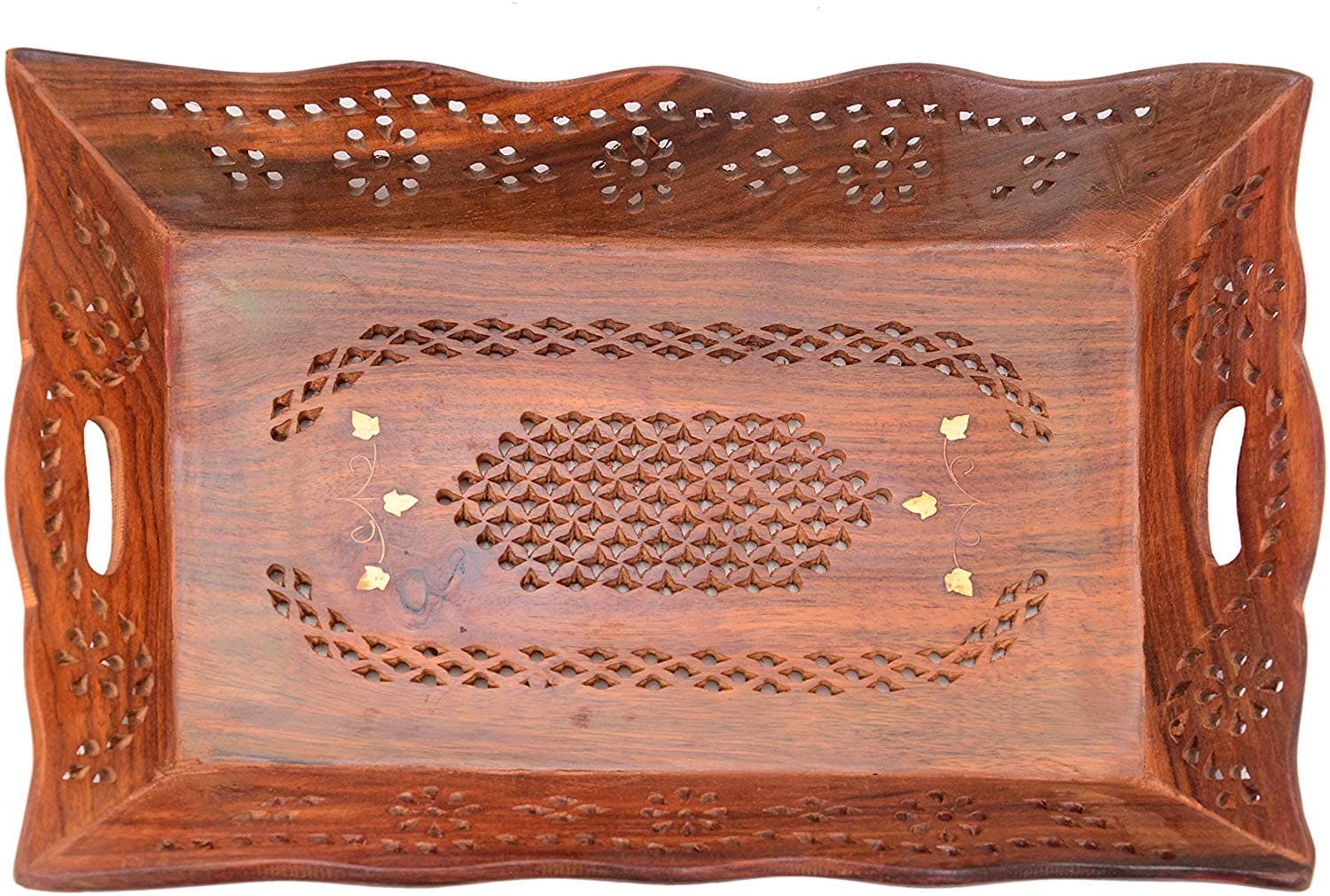 Craftropolis Handmade Wooden Rectangular Serving Tray with a Decorative Floral Design and Carved Brass Inlay || Made with Indian Rosewood || for Serving Breakfast, Dinner, Coffee, Wine etc.