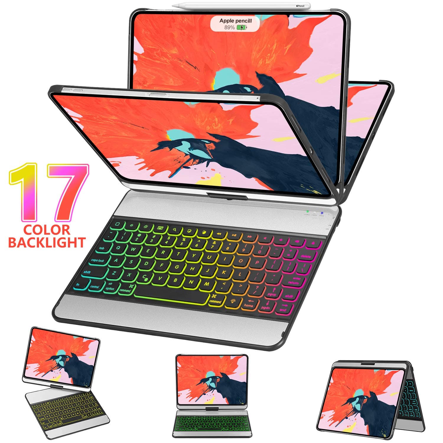 iPad Pro 11 Keyboard Case 2018-360 Rotate - Wireless/BT - Thin & Light - 17 Color Backlit - Auto Sleep Wake iPad Case with Keyboard for iPad Pro 11 Inch【Support Apple Pencil 2nd Gen Charging】-Black