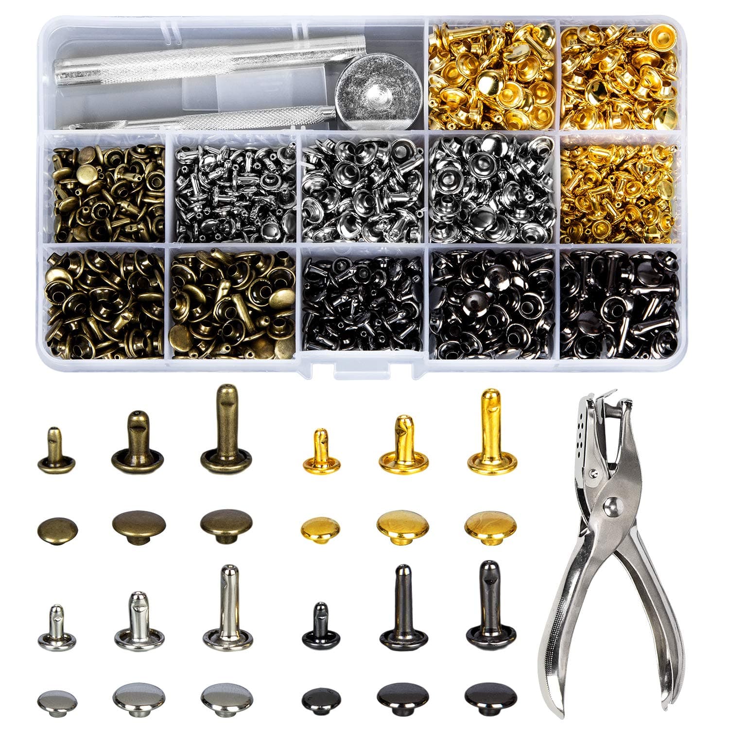 HOMEIDOL 480 Sets 3 Sizes Leather Rivets Double Cap Rivet Tubular Metal Studs with 4 Fixing Set Tools for DIY Leather Craft, 4 Colors (Gold, Silver and Bronze, Gunmetal)