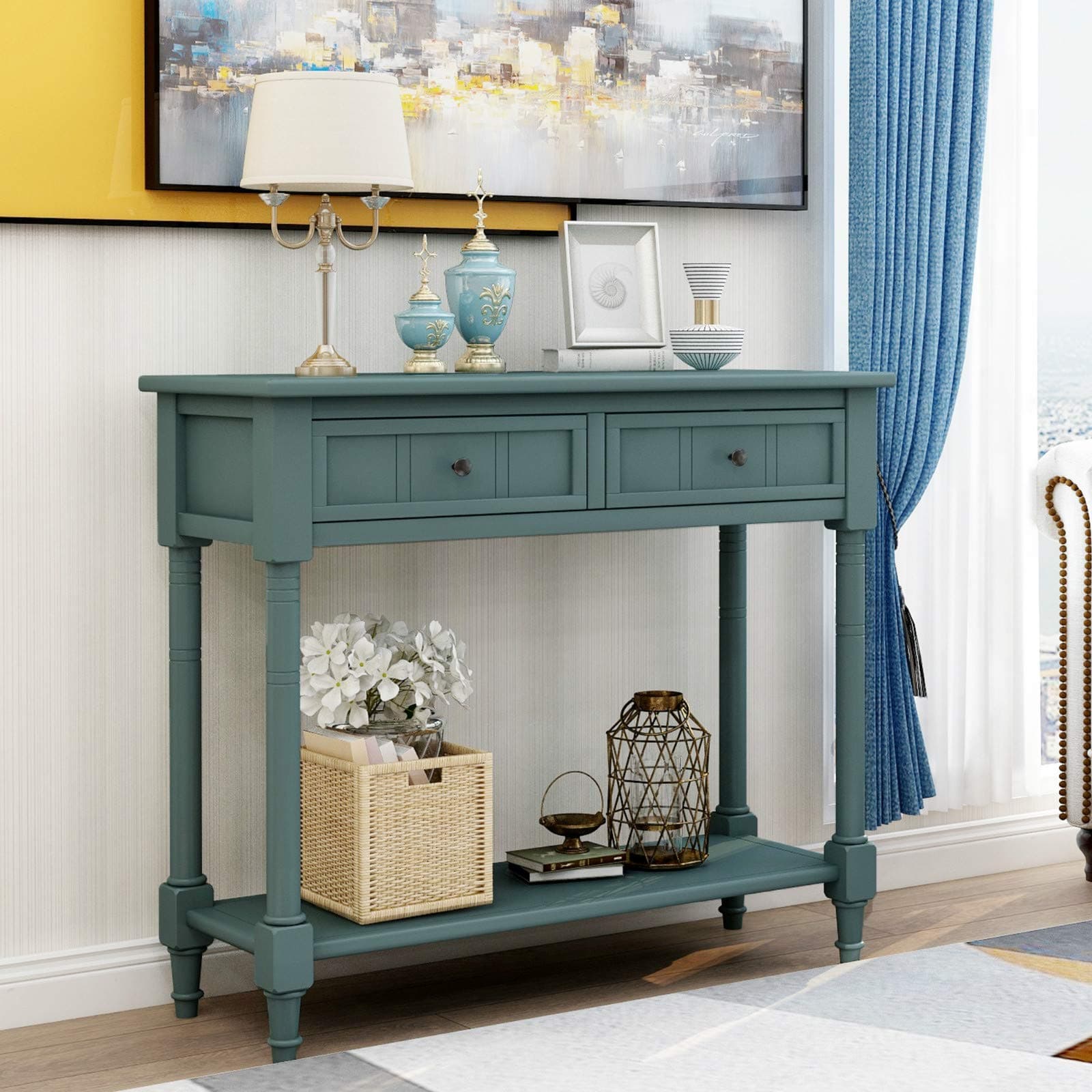 Kutti Entryway Table,Wood Console Sofa Table,Console Table with Two Drawers and Bottom Shelf (Navy)