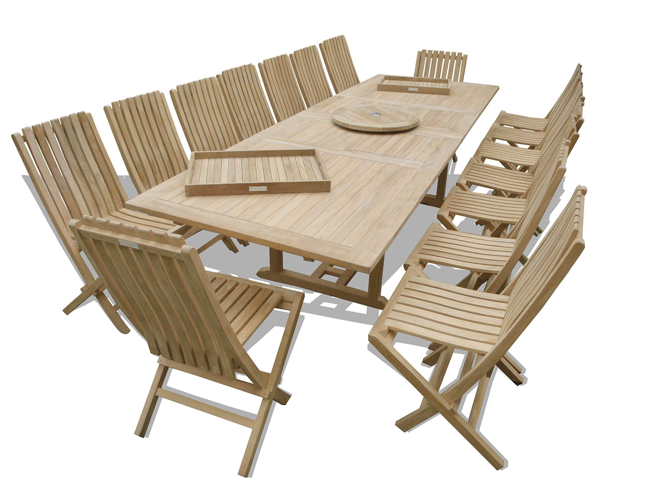 Windsor's Premium Grade A Teak 138"x39" Rectangular Double Extension Table w/16 Java Folding Chairs w/Lumbar Support Back, 5 Yr Wrty, World's Best Outdoor Furniture! Teak Lasts A Lifetime!