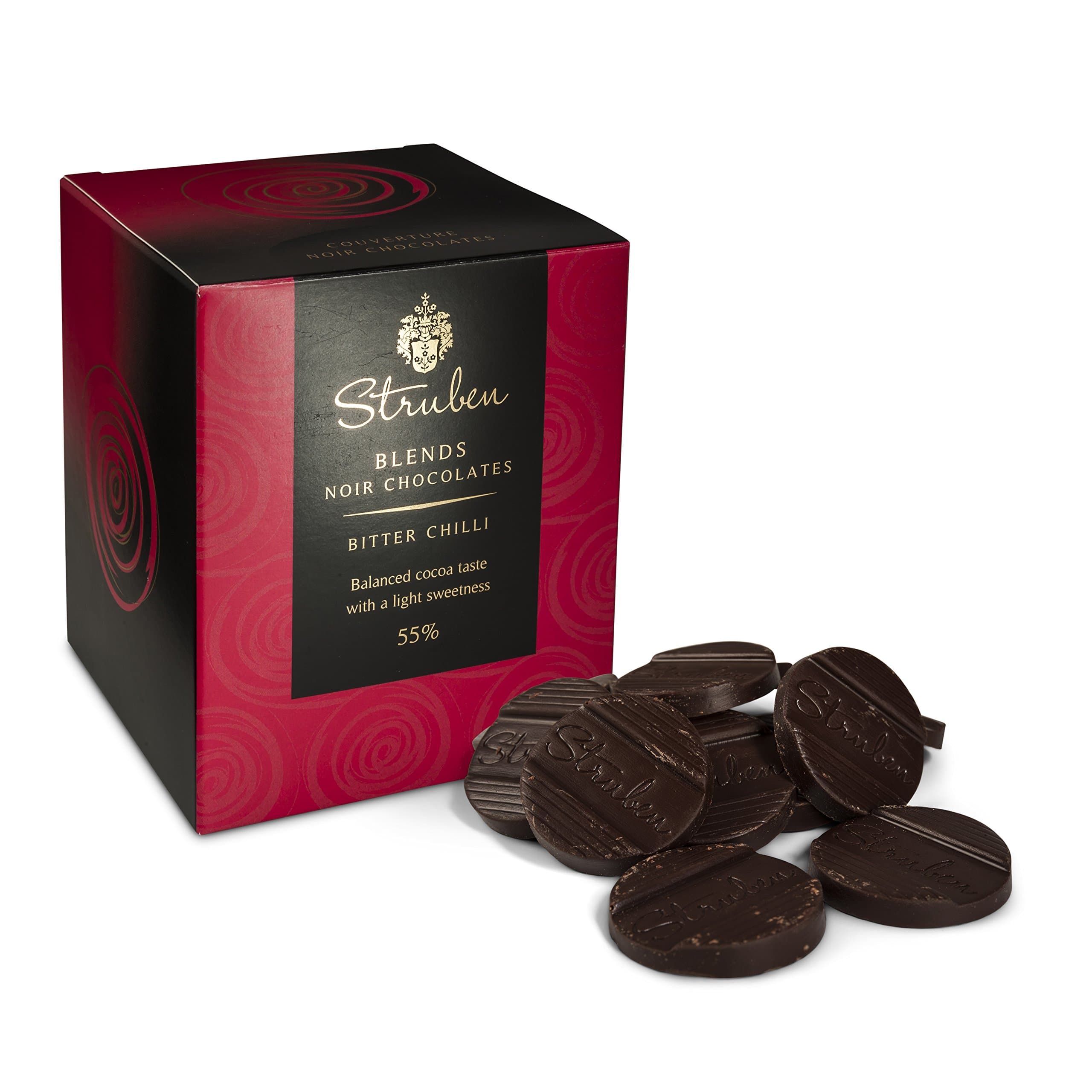 Struben Bitter Chilli Dark Chocolate Couverture - Cocoa 55% - Full Bodied with Bitterness, a Gentle Acidity and Natural Chilli - 16 Chocolates Moments, couverture Contains Less Sugar