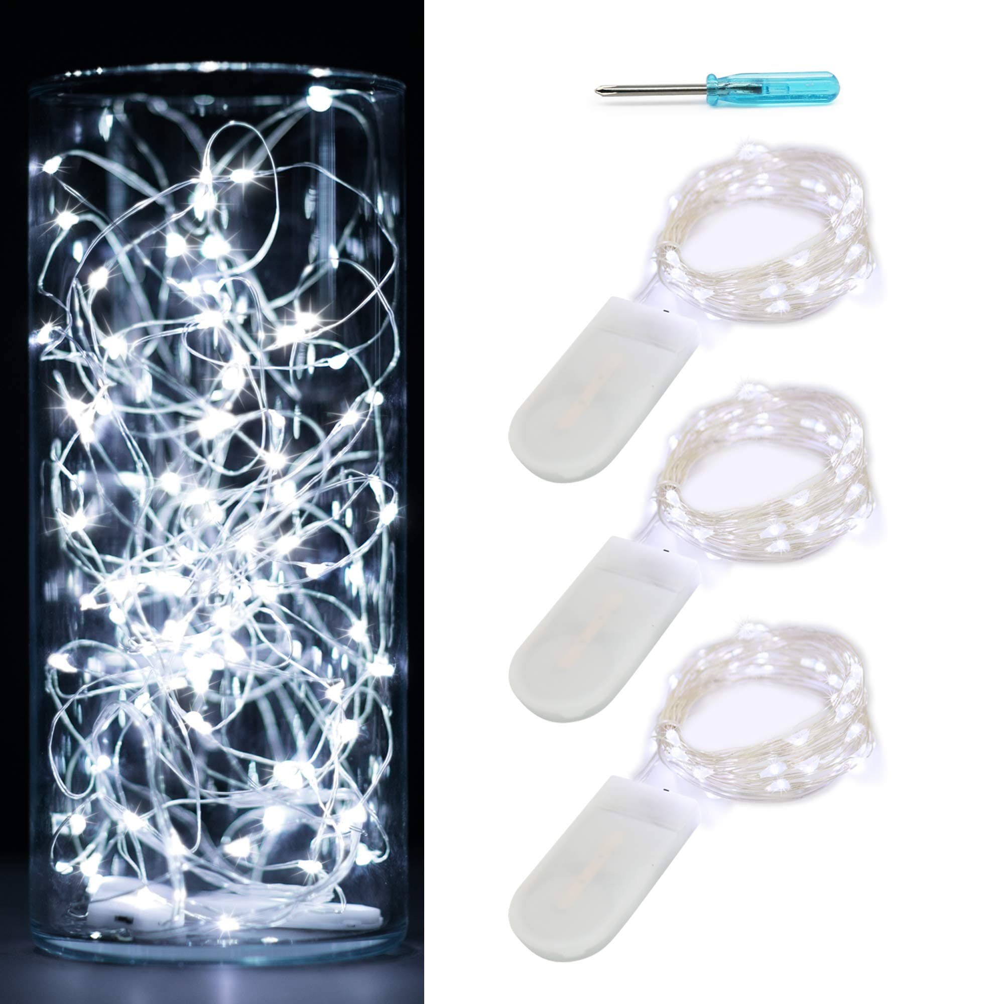 Pack of 3 Sets 10ft(3m) LED Starry String Lights 30 Micro Starry Leds on Silver Wire, 2pcs CR2032 Batteries Required and Included,Works for DIY Wedding Centerpiece or Table Decorations (3,Cool White)