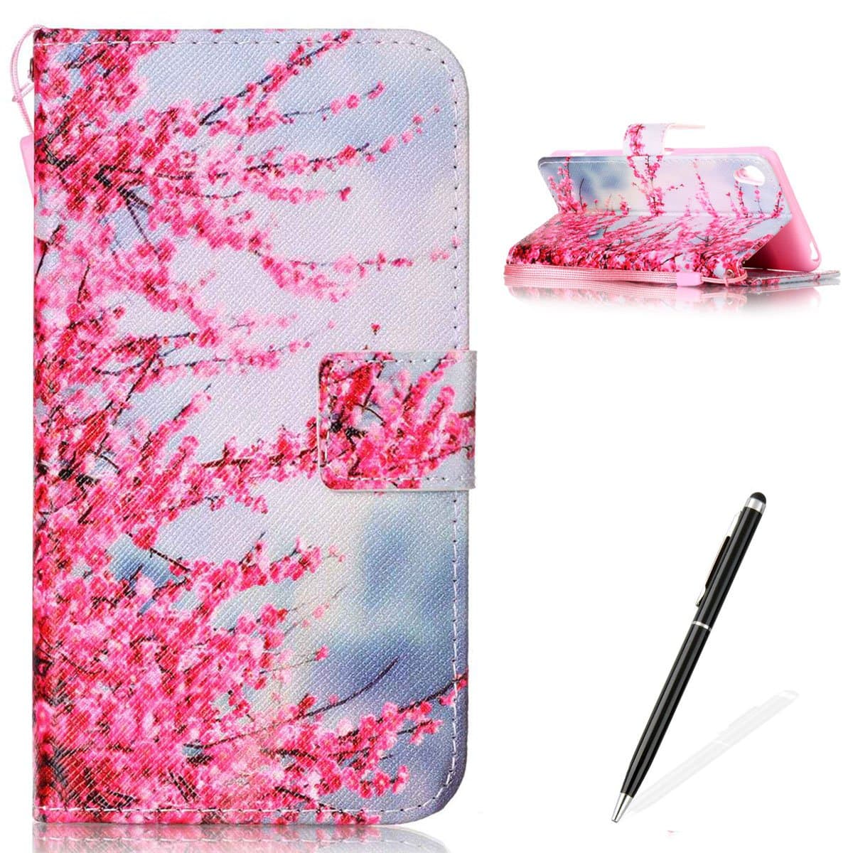 Feeltech for Sony Xperia XA Case Premium Colorful Pattern Folio PU Leather Wallet Cover [1*Pen] Stand Card Slots Magnetic Closure Full Body Protective Flip Book Style Hand Strap Plum Blossom