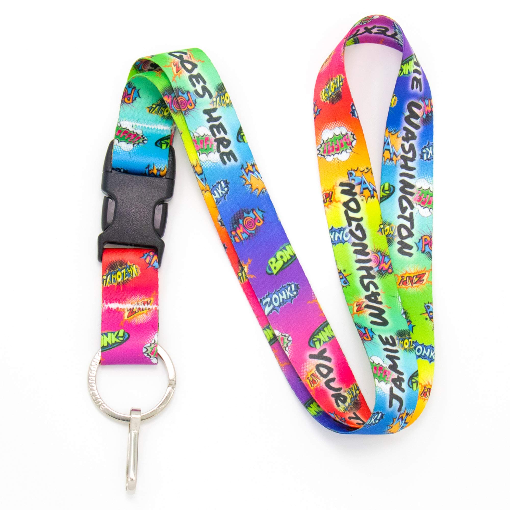 Buttonsmith Comix Custom Lanyard - Customize with Your Text - Buckle and Flat Ring - Made in The USA