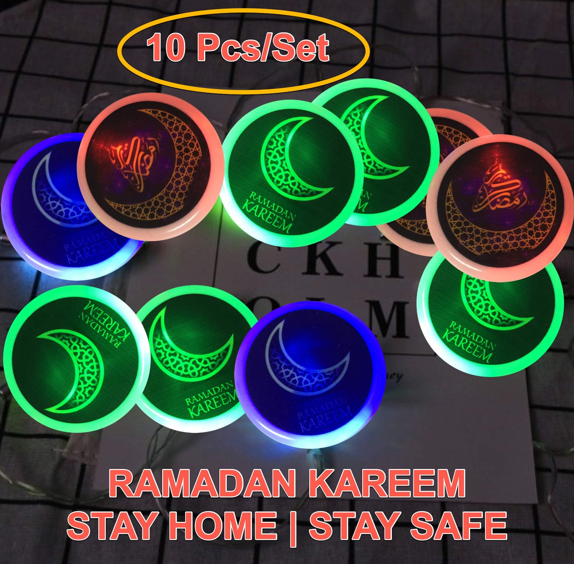 iHcrafts Latest 2020 Eid Mubarak Islamic LED String Lights Moon Star US Plug Muslim Decor Party Supply Ramadan Party Decoration (10 pc - Ramadan Pictures LED)