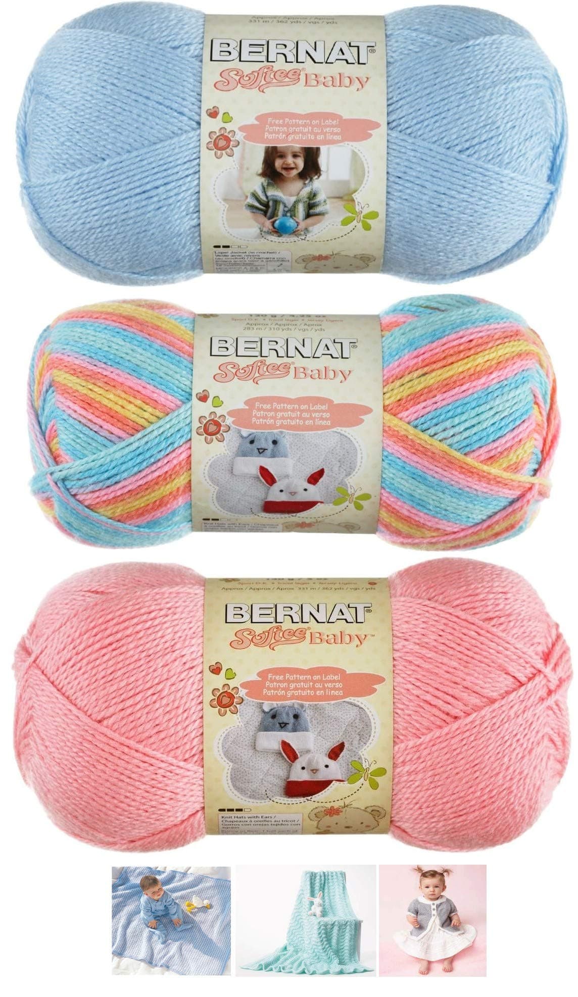 Bernat Softee Baby Acrylic Yarn 3 Pack Bundle Includes 3 Patterns DK Light Worsted #3 (Candy Baby Mix)