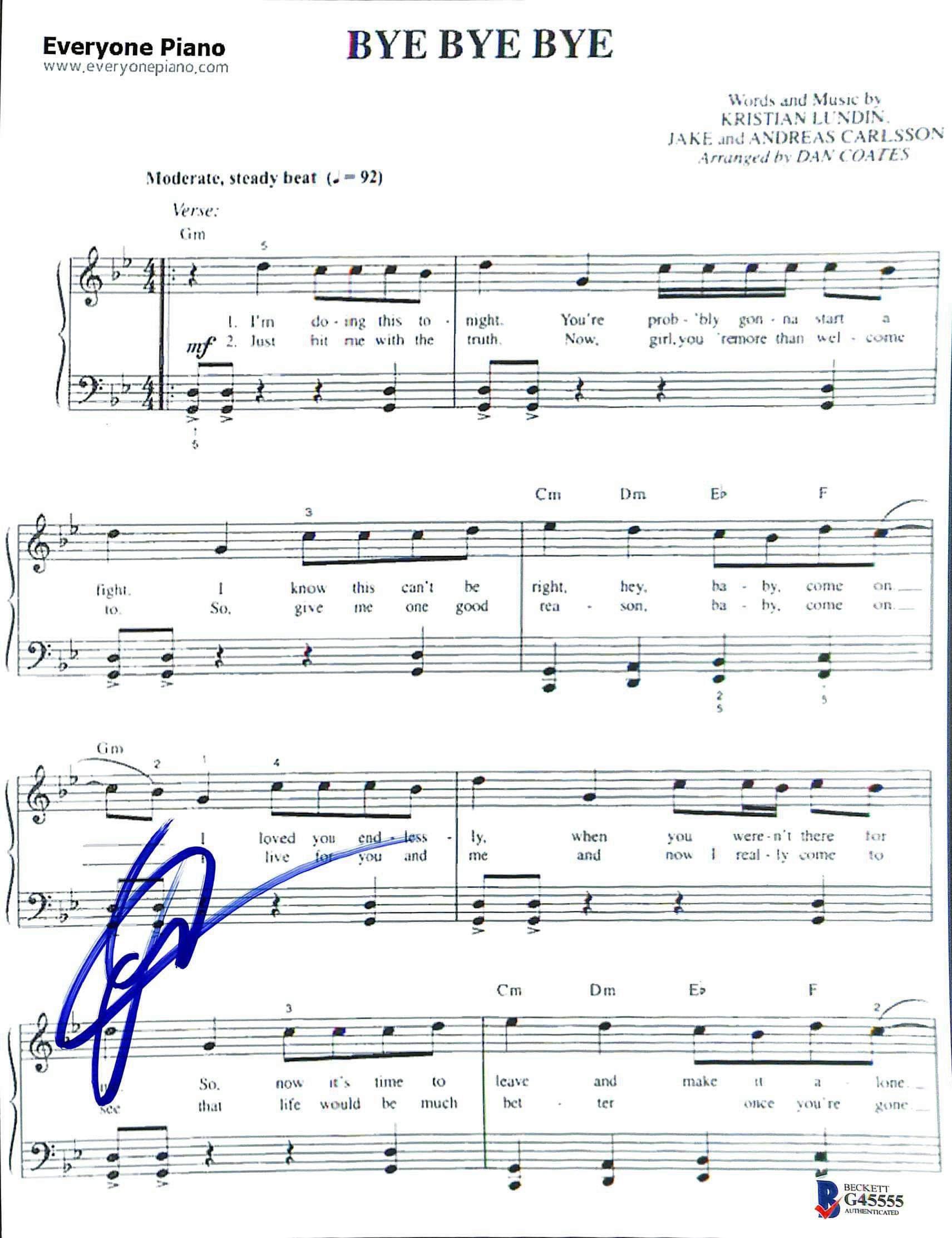 Joey Fatone N'Sync Authentic Signed Bye Bye Bye Music Sheet BAS #G45555