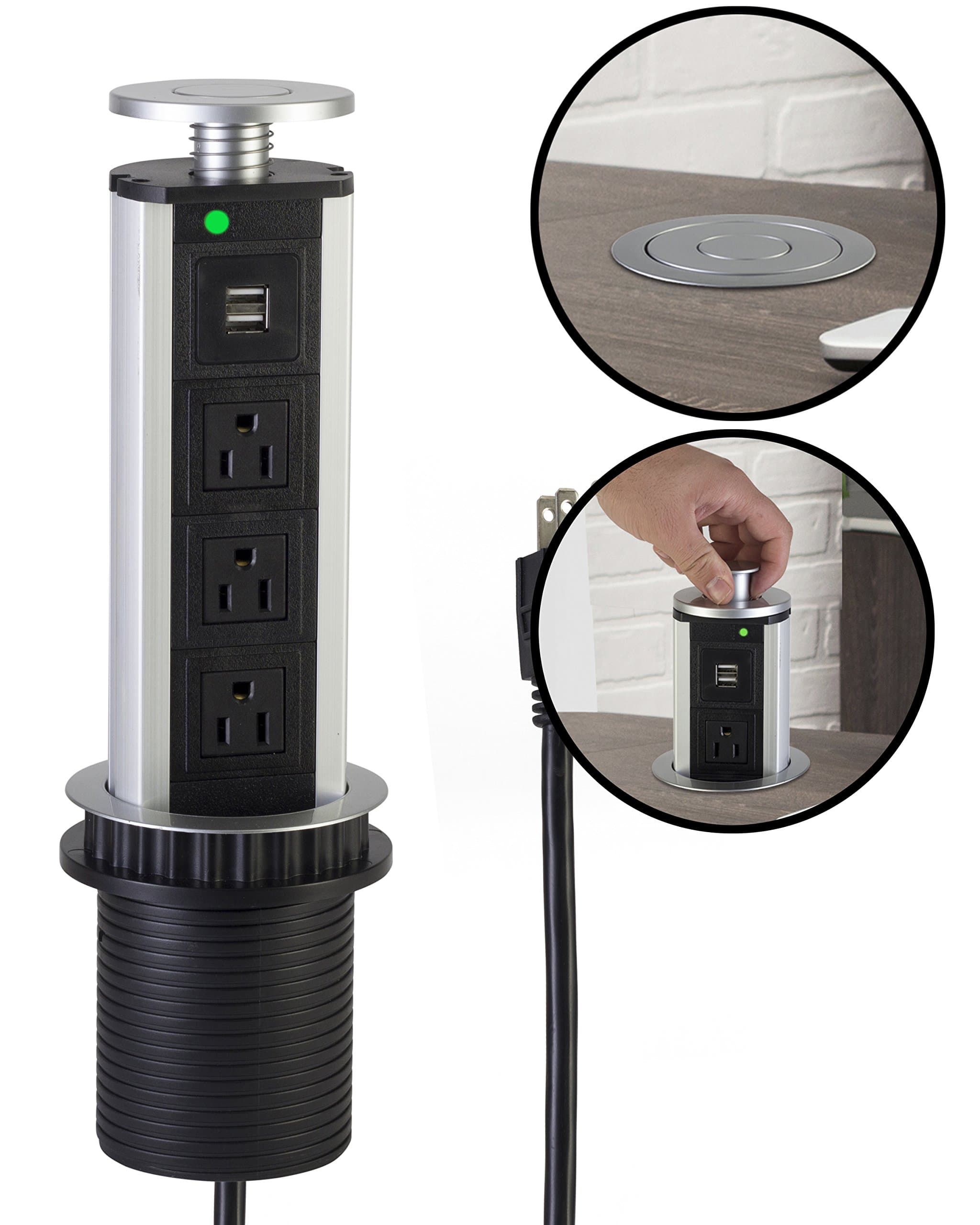 Retractable Pull Up Power Strip for Office Desks, Conference Tables and Counter Tops - 3 Outlets, 2 USB Sockets - Vertical or Horizontal Pop Out - By Zoomtech