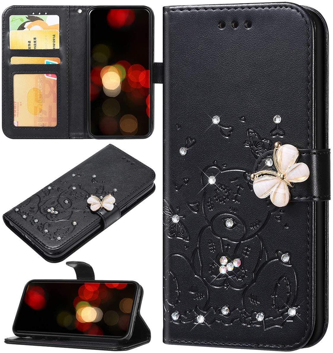 Robinsoni Case Compatible with iPhone 11 Pro Shiny Case Sparkle Glitter PU Leather Wallet Cover Lavish Bling Diamond Embossed Bear & Butterfly Printed Case Folio Flip Kickstand Glossy Book Case Black