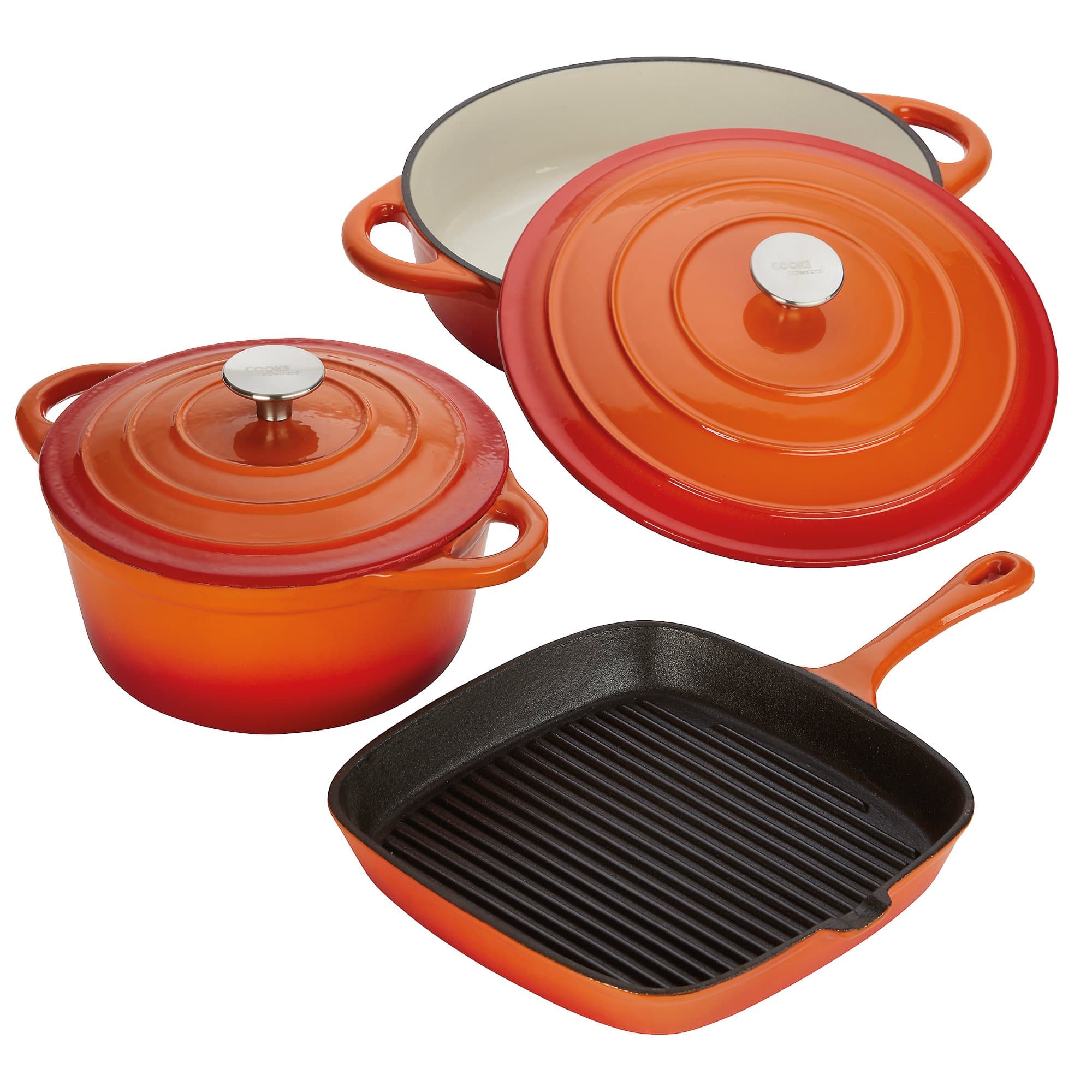 Cast Iron Kitchen Pan Set Cookware Oven Proof Skillet Pan & Casserole Dishes with Self Basting Lids by Cooks Professional (Orange)