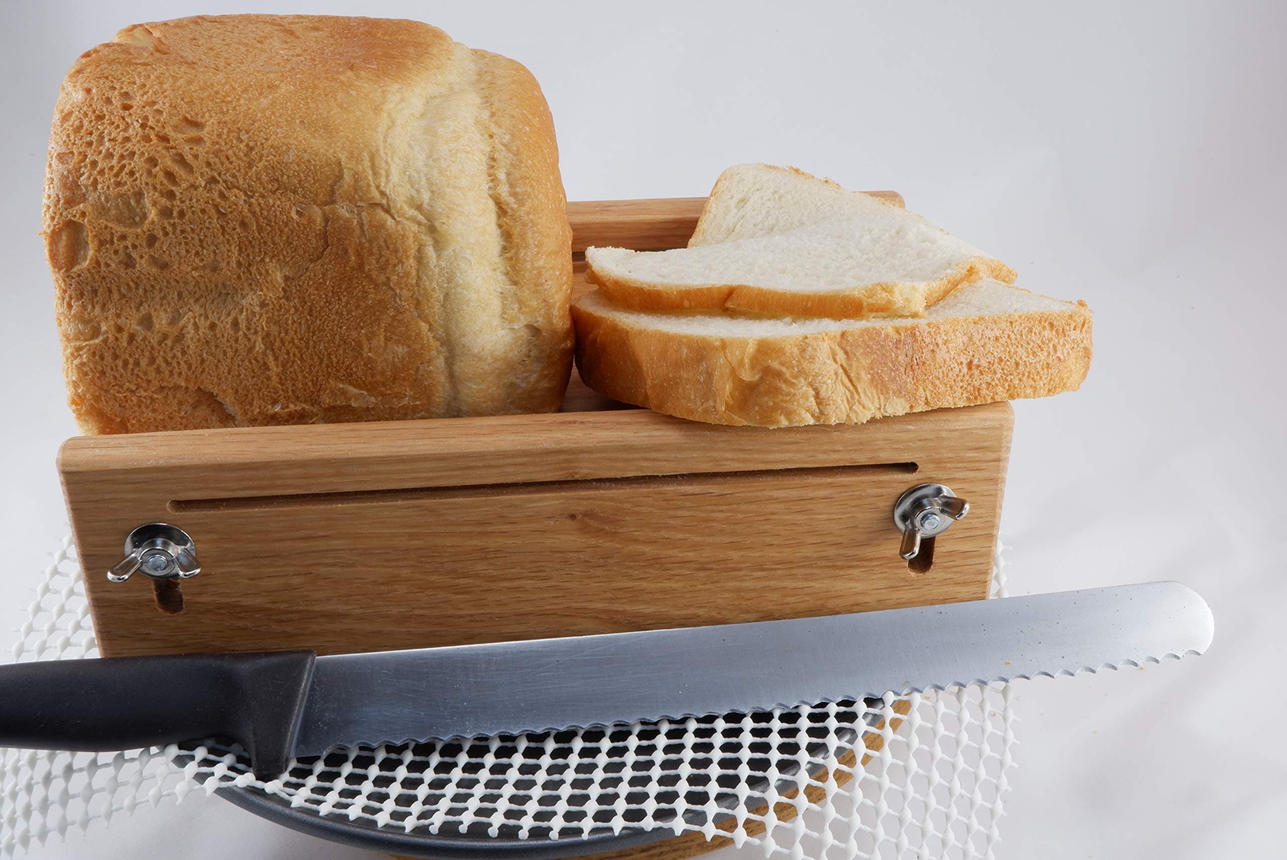 5 1/2" Loaf Width 1/8 to 1 Inch Adjustable Slice Thickness Solid Oak Horizontal Bread Slicing Guide Anti Slip Mat Oil Finish FREE SHIPPING Hand Crafted by Mystery Lathe (5 1/2")