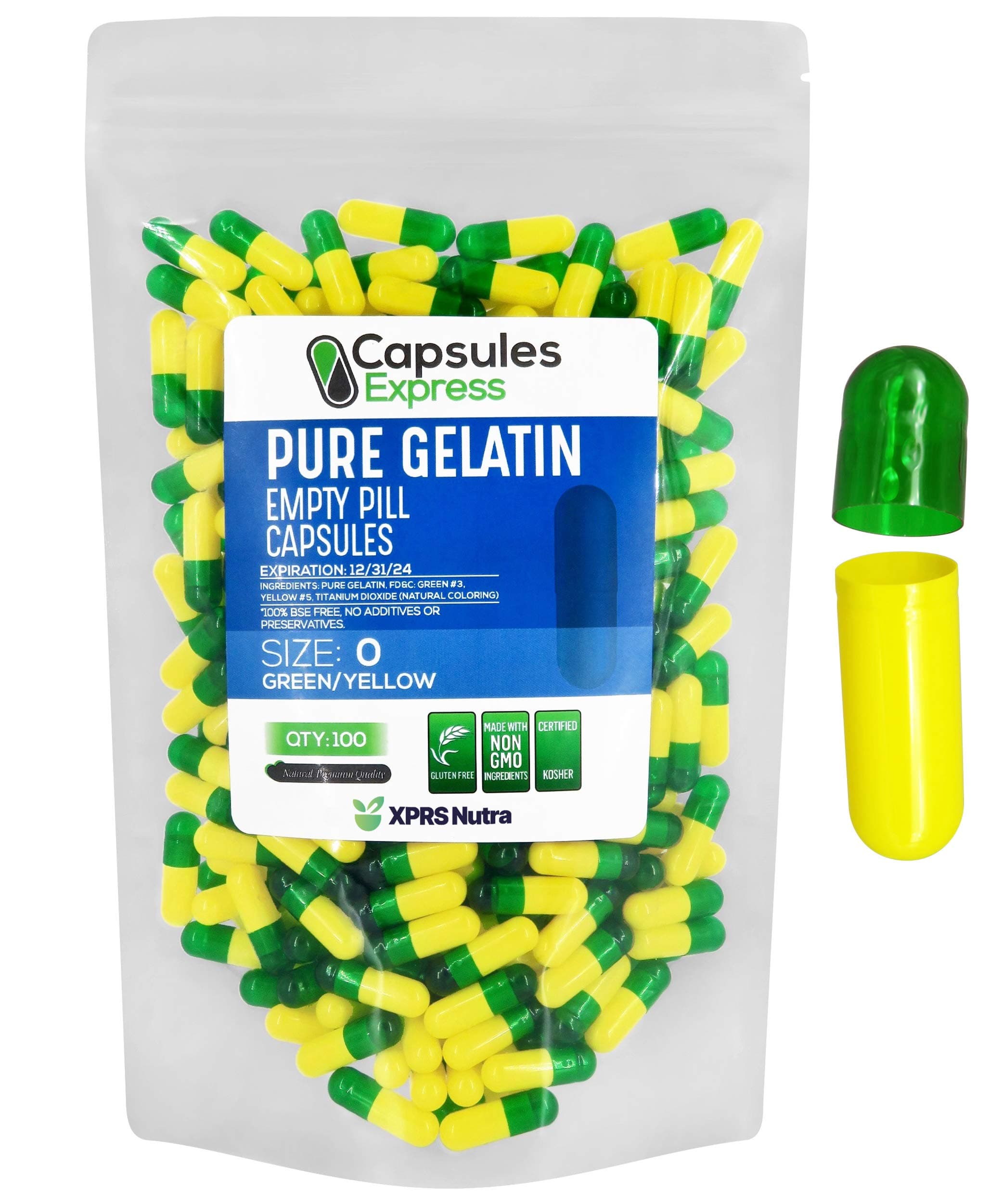 XPRS Nutra Size 0 Empty Capsules - 100 Count Empty Gelatin Capsules - Empty Pill Capsules - DIY Capsule Filling - Pure Bovine Pill Capsules Empty Gel Caps (Green/Yellow)